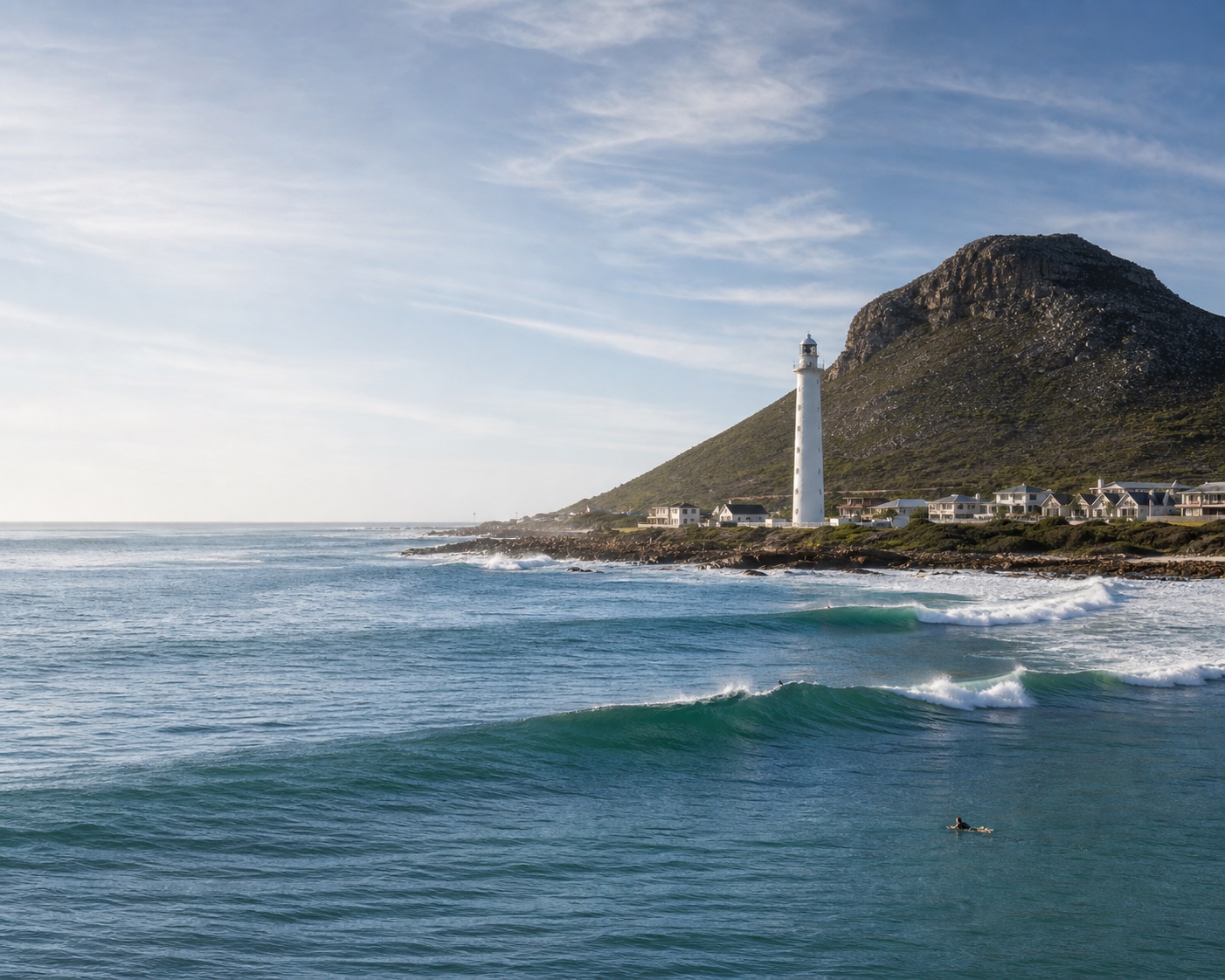 Kommetjie surf beneath Slangkop Lighthouse and mountain