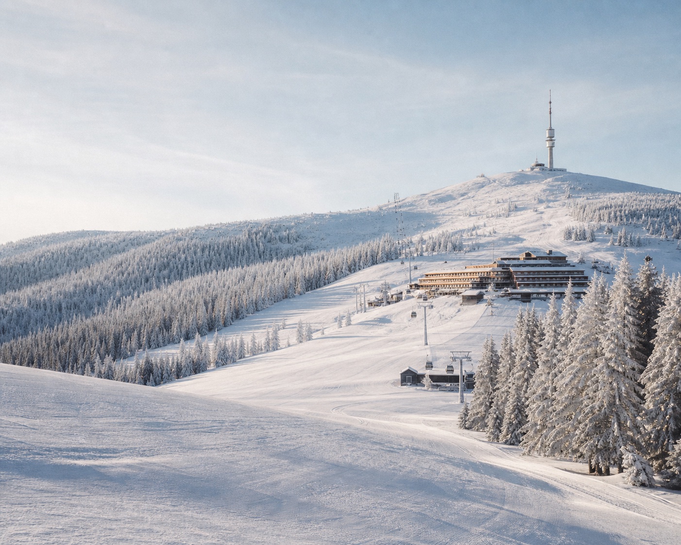 Kopaonik pistes and Grand Hotel beneath Pančić's Peak tower