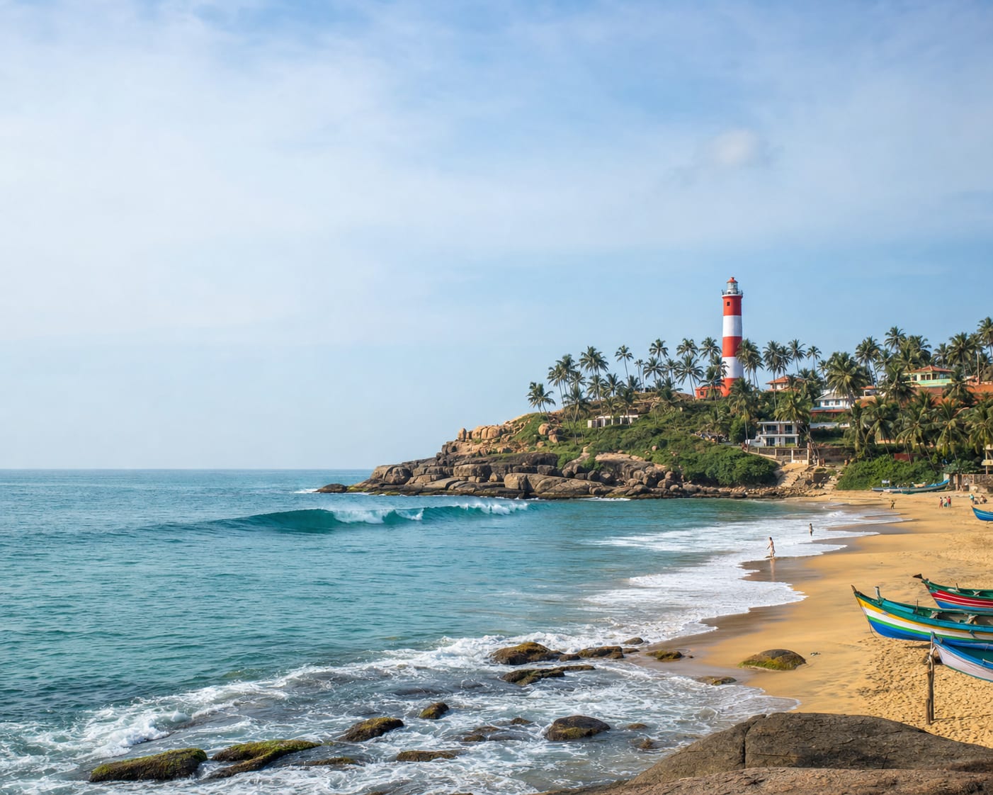 Kovalam surf beneath the red-and-white Vizhinjam lighthouse