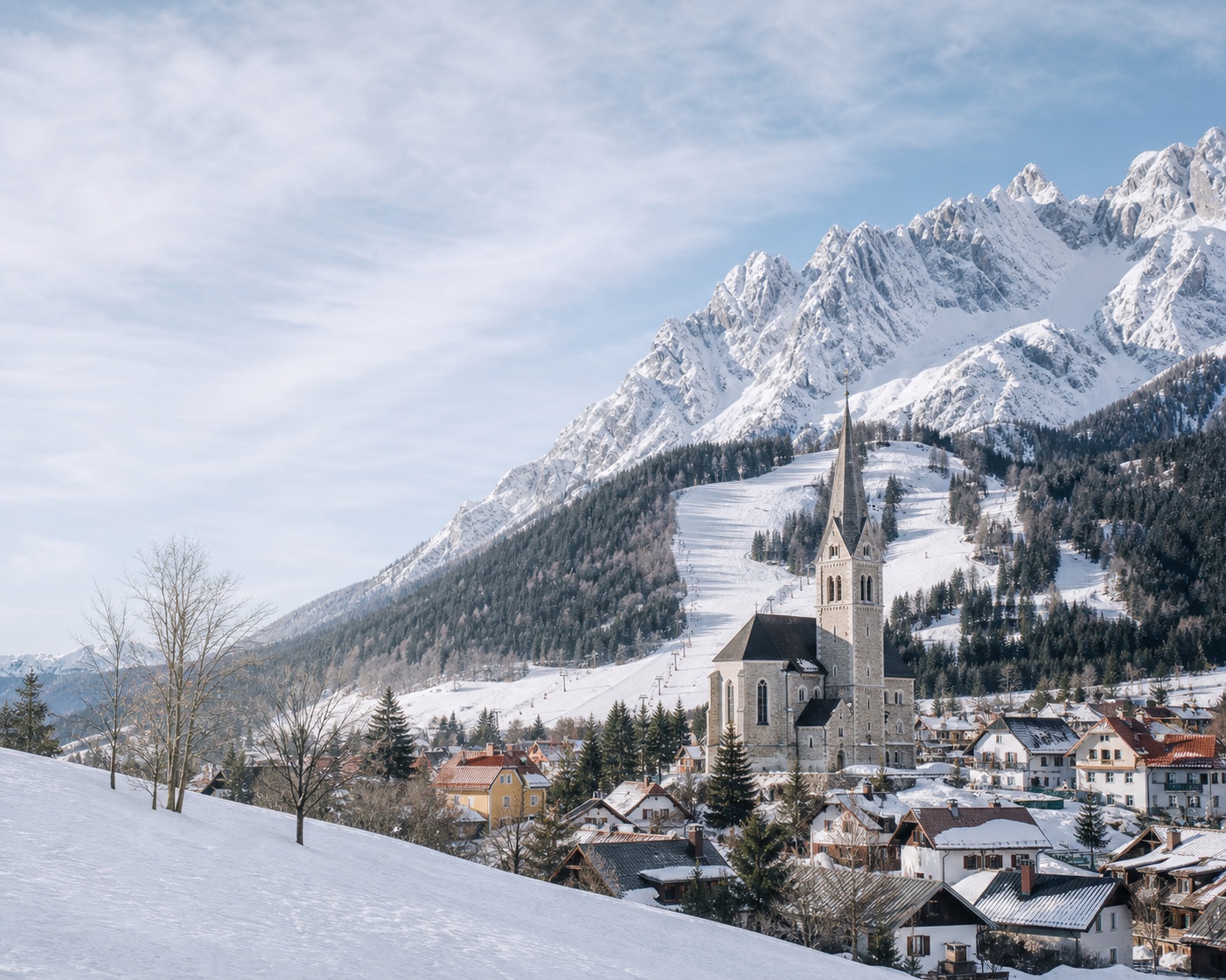 Kranjska Gora village and Vitranc pistes beneath the Julian Alps