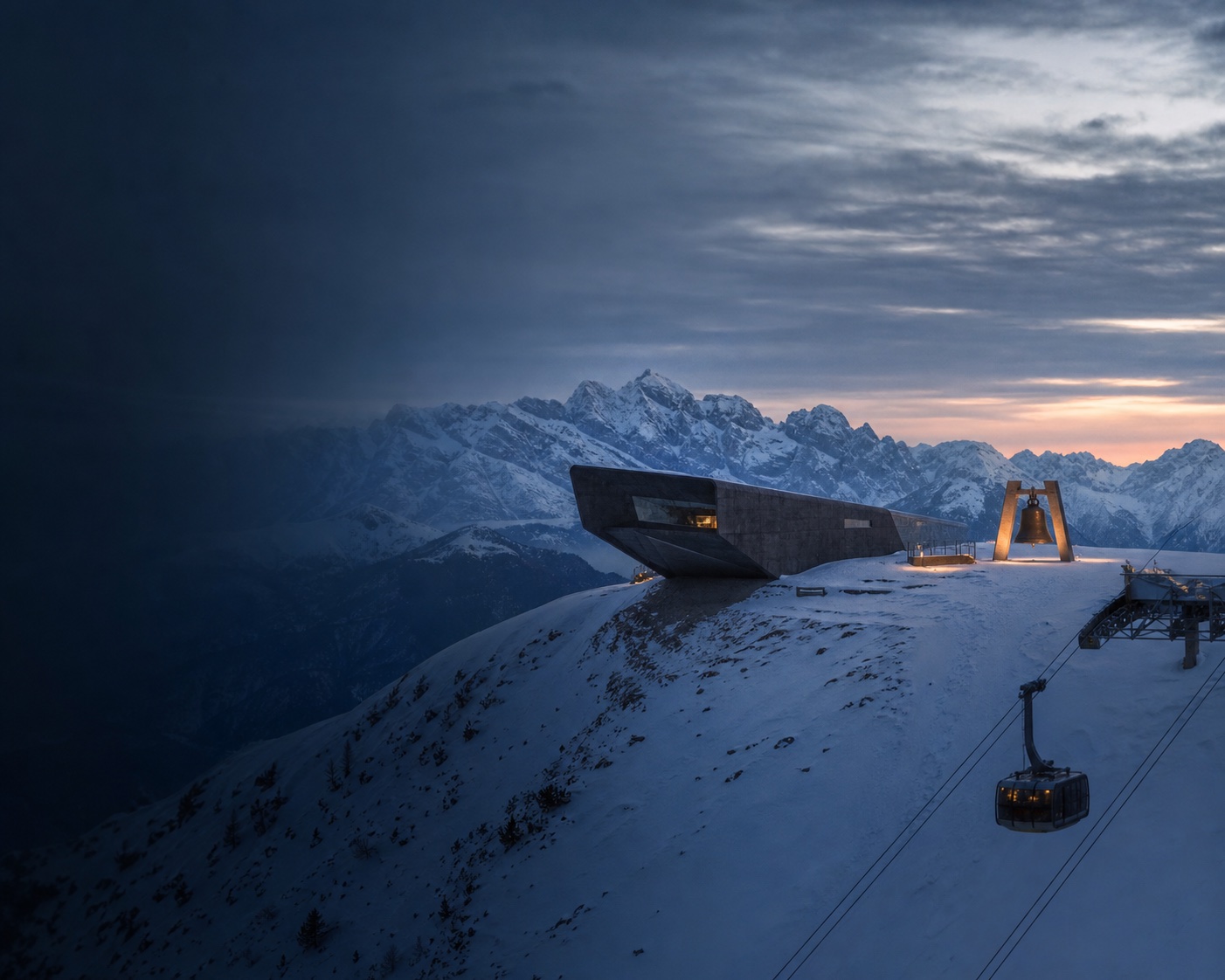 Kronplatz's summit museum, peace bell and gondola above the Dolomites
