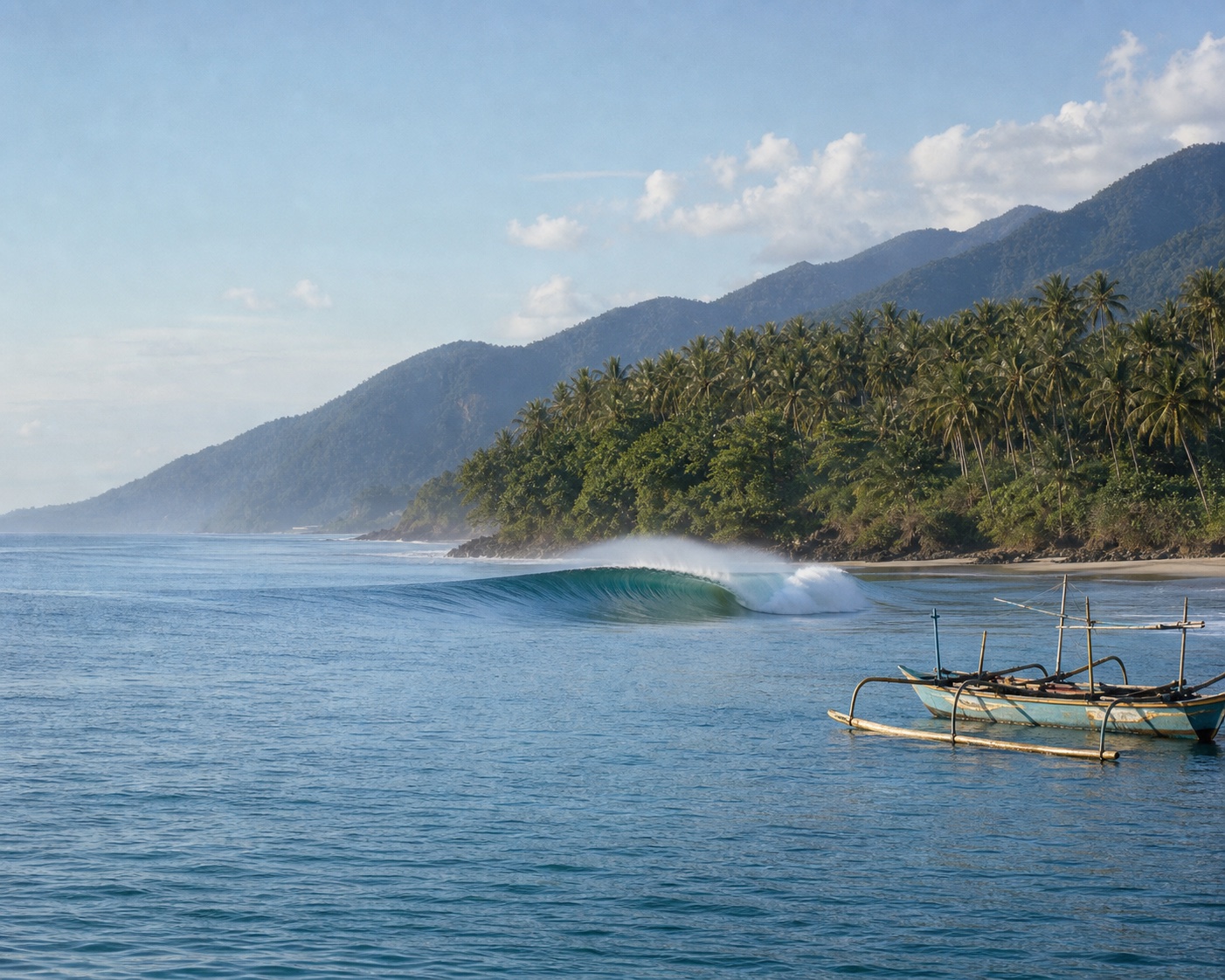Krui surf, outriggers and coconut headland beneath Sumatra's hills