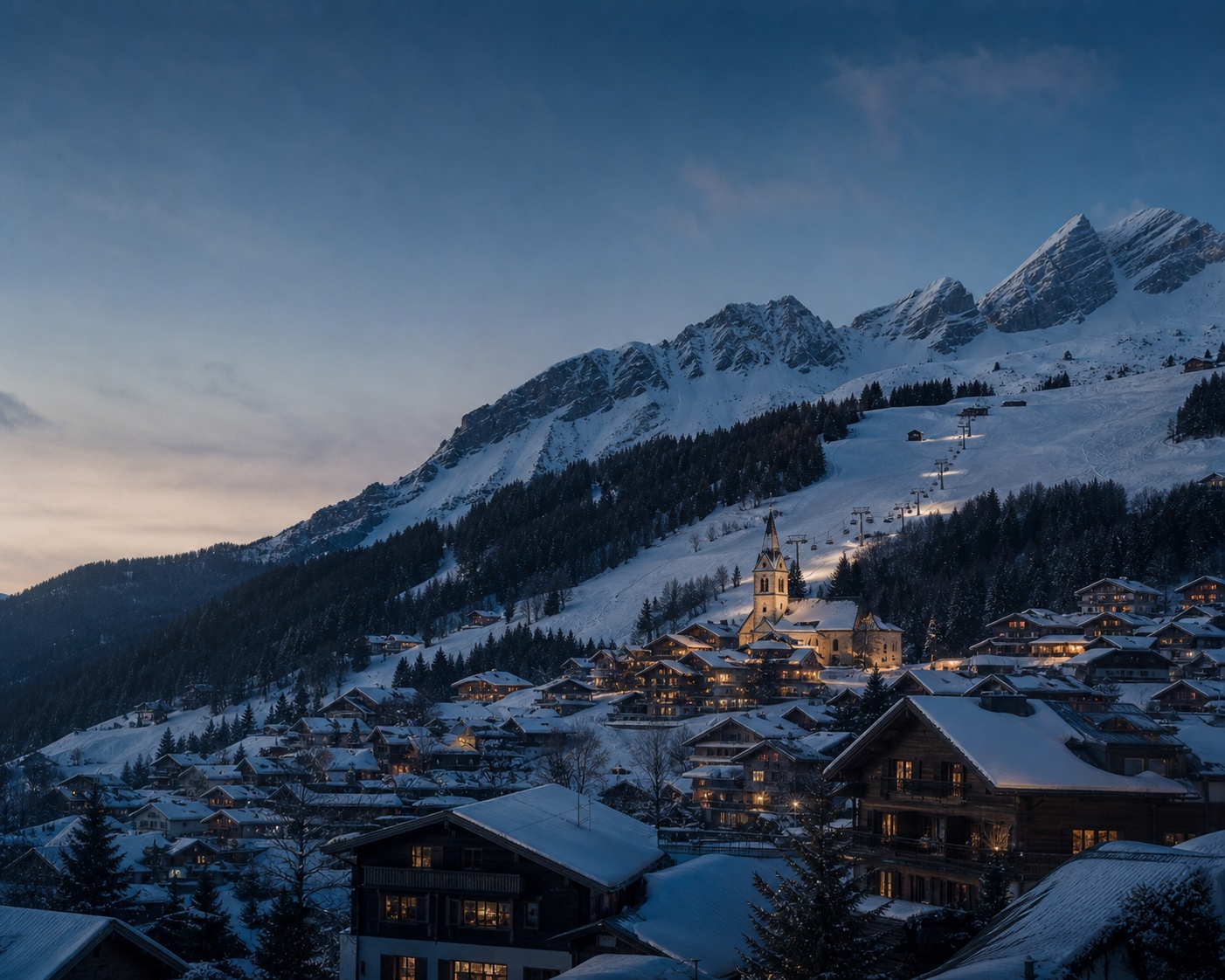 La Clusaz church beneath ski lifts and the snow-covered Aravis peaks