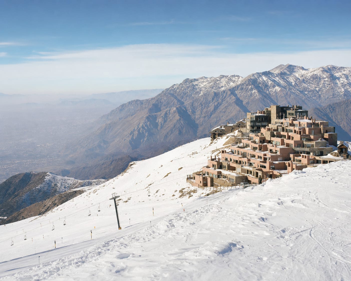 La Parva's stepped snow village set high among the dry Chilean Andes
