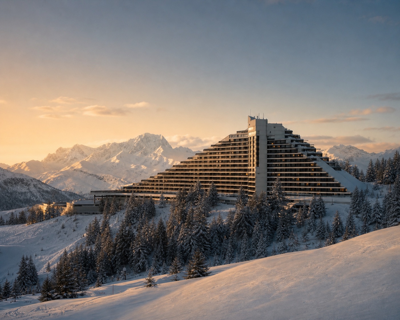 The Paquebot des Neiges building at Plagne Aime 2000 on its snowy Alpine ridge