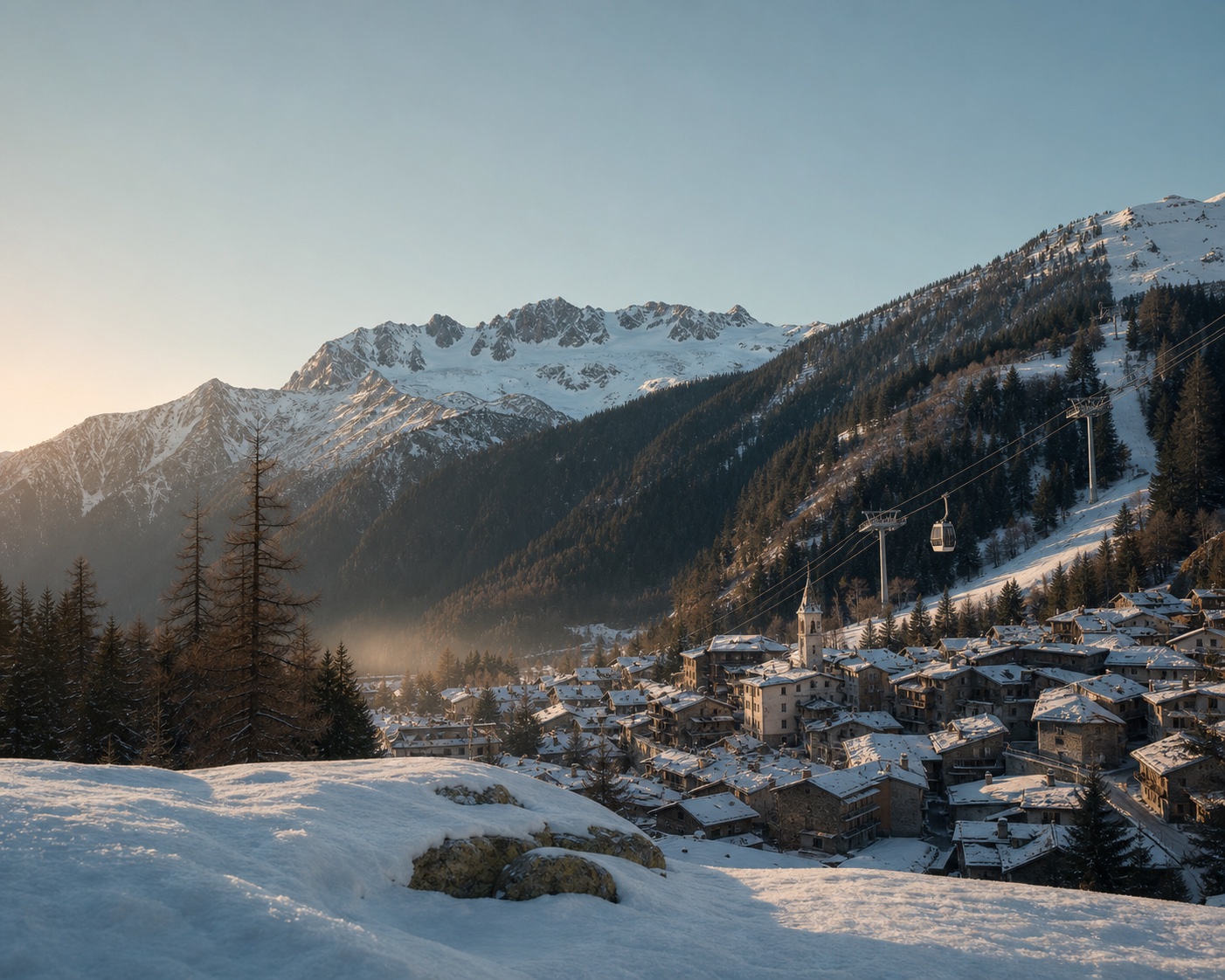 La Thuile village and cable car beneath the snow-covered Rutor glacier