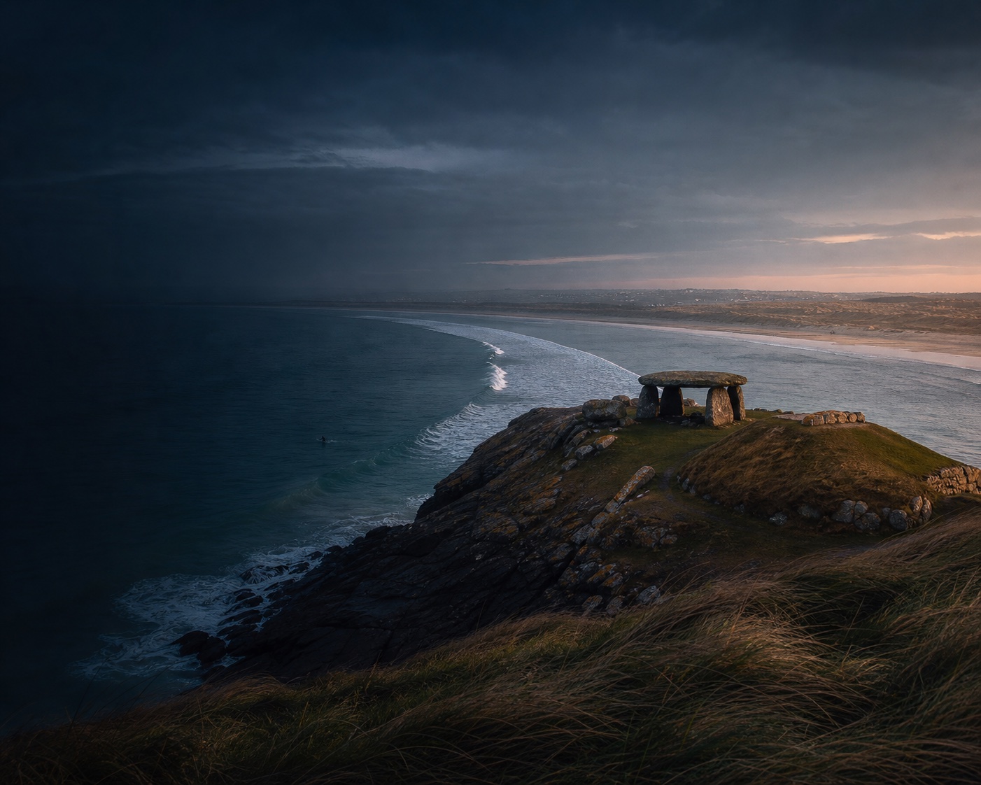 La Torche surf wrapping beneath its ancient headland dolmen