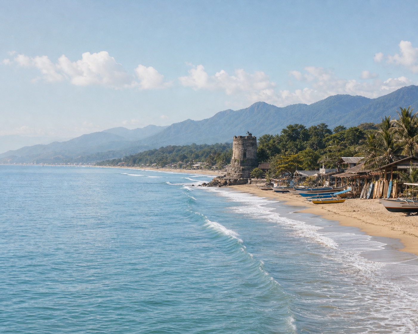 Urbiztondo surf beside La Union's outriggers and old watchtower