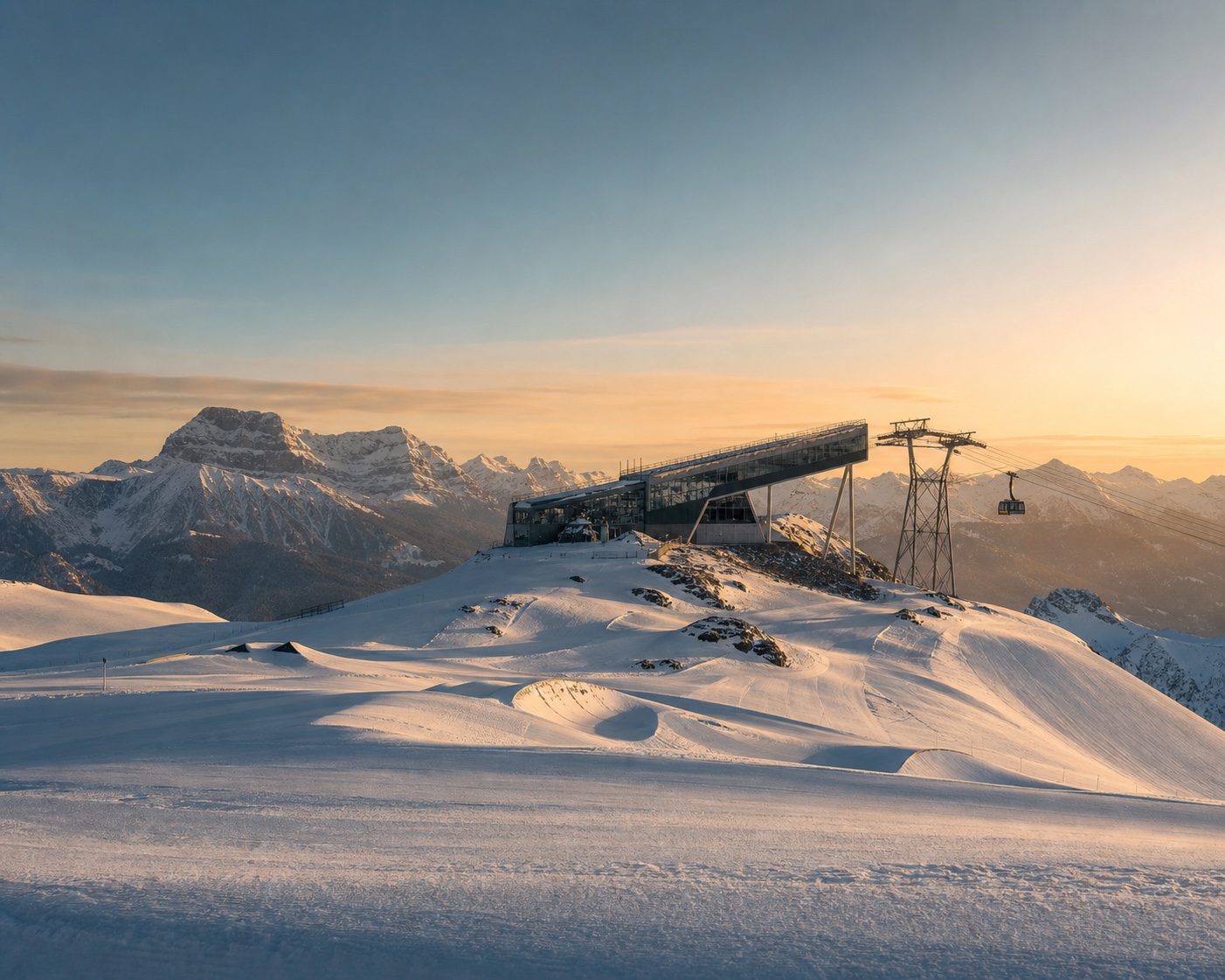 The Crap Sogn Gion mountain station and cable car above Laax at winter golden hour