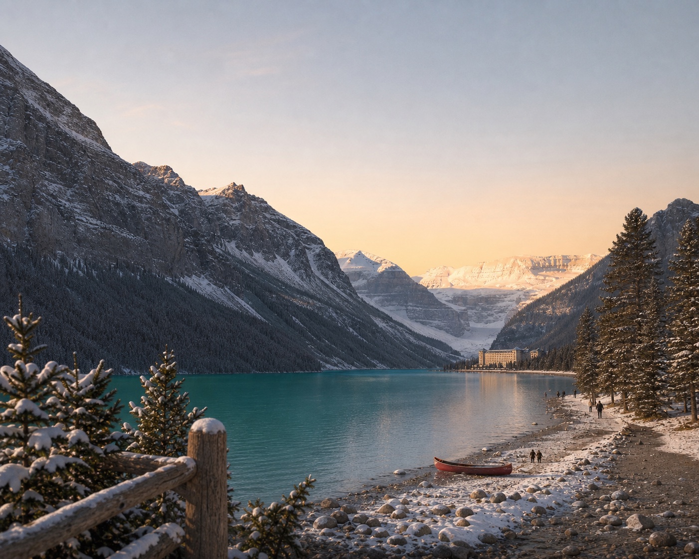Turquoise Lake Louise beneath Victoria Glacier with a red canoe on the snowy shore