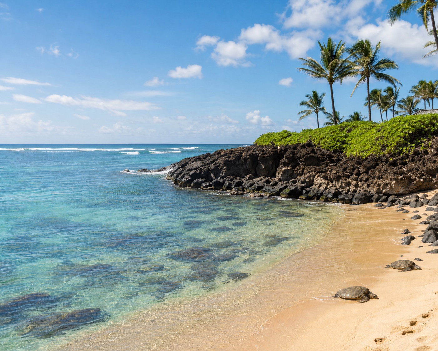 Laniakea reef surf and clear shallows beside its turtle beach