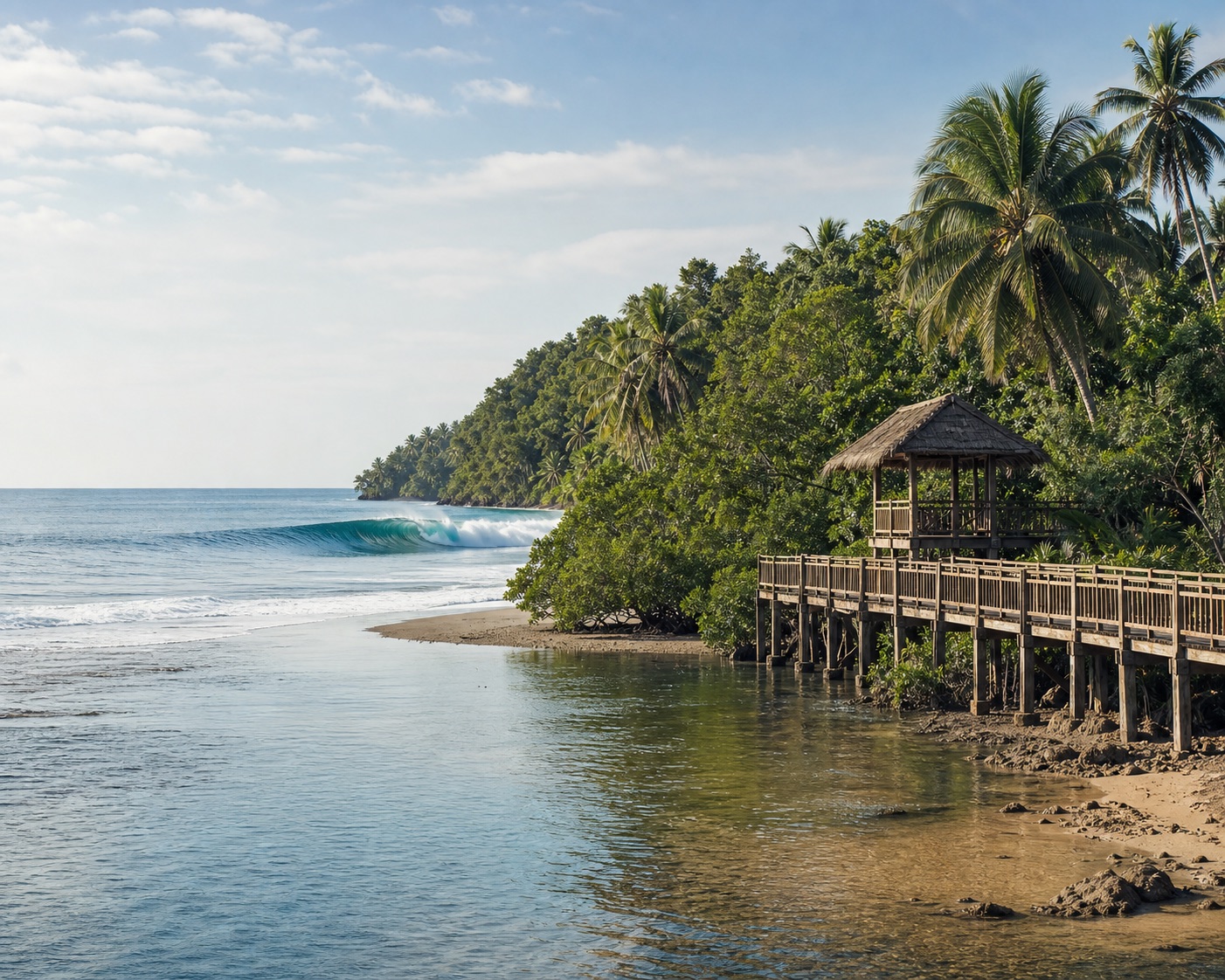 Lanuza surf beside its mangrove river and timber boardwalk
