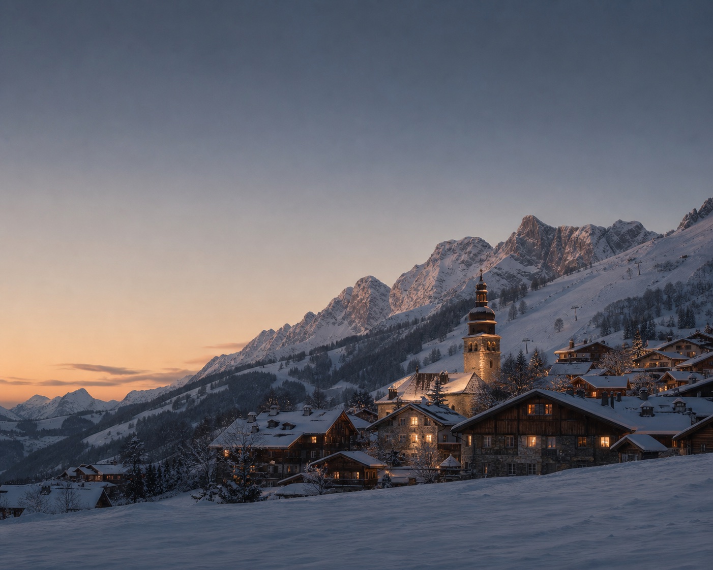 Le Grand-Bornand's onion-domed church and chalets beneath the Aravis mountains