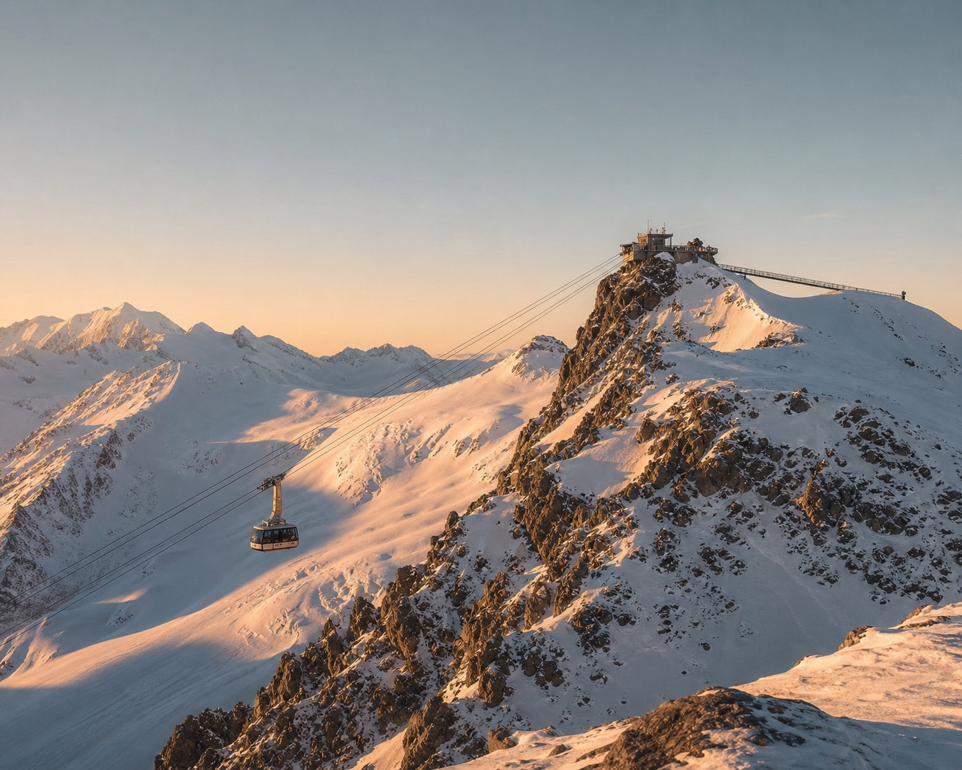The Aiguille Rouge cable car and summit station above Les Arcs