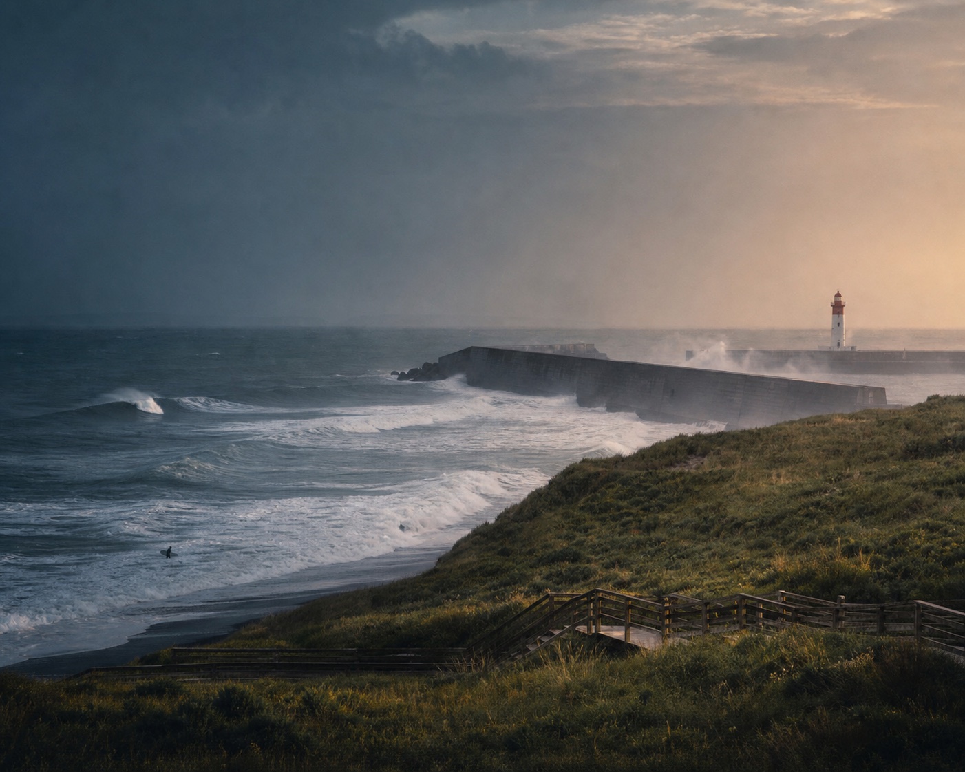 Les Cavaliers surf beneath Anglet's immense northern breakwater