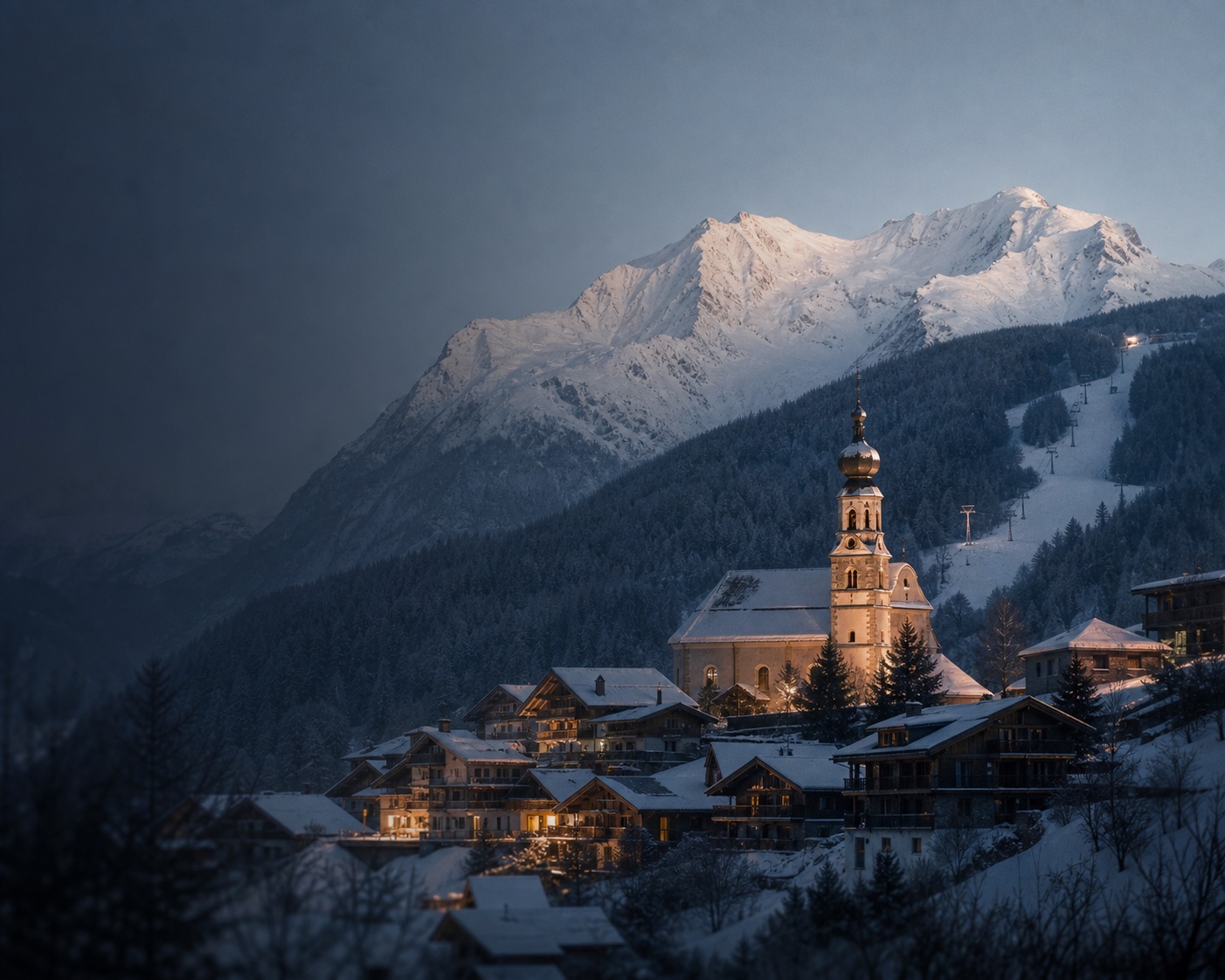 Les Contamines' onion-domed church beneath the snowy Dômes de Miage