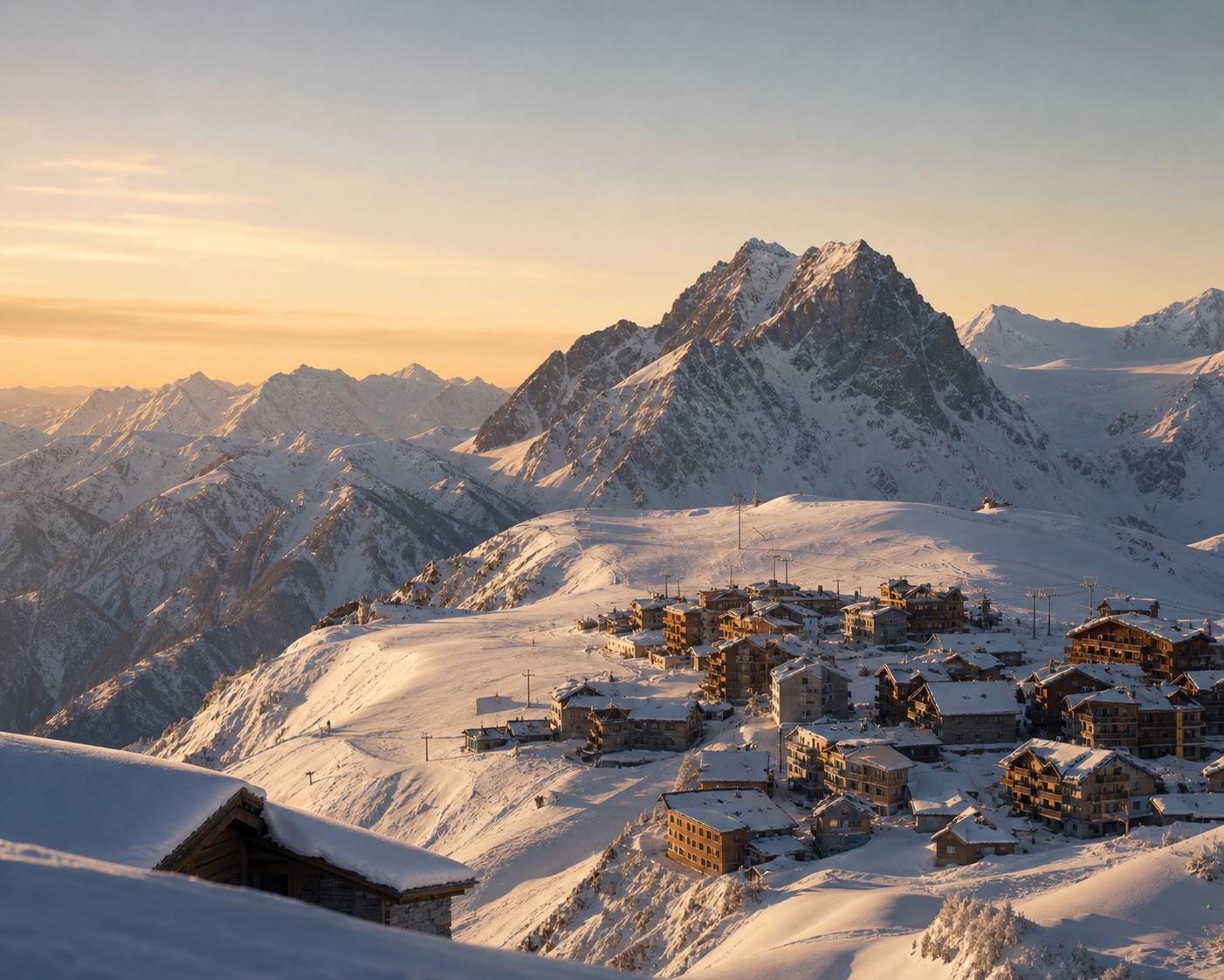 Les Deux Alpes village on its snowy plateau beneath the distinctive La Muzelle peak