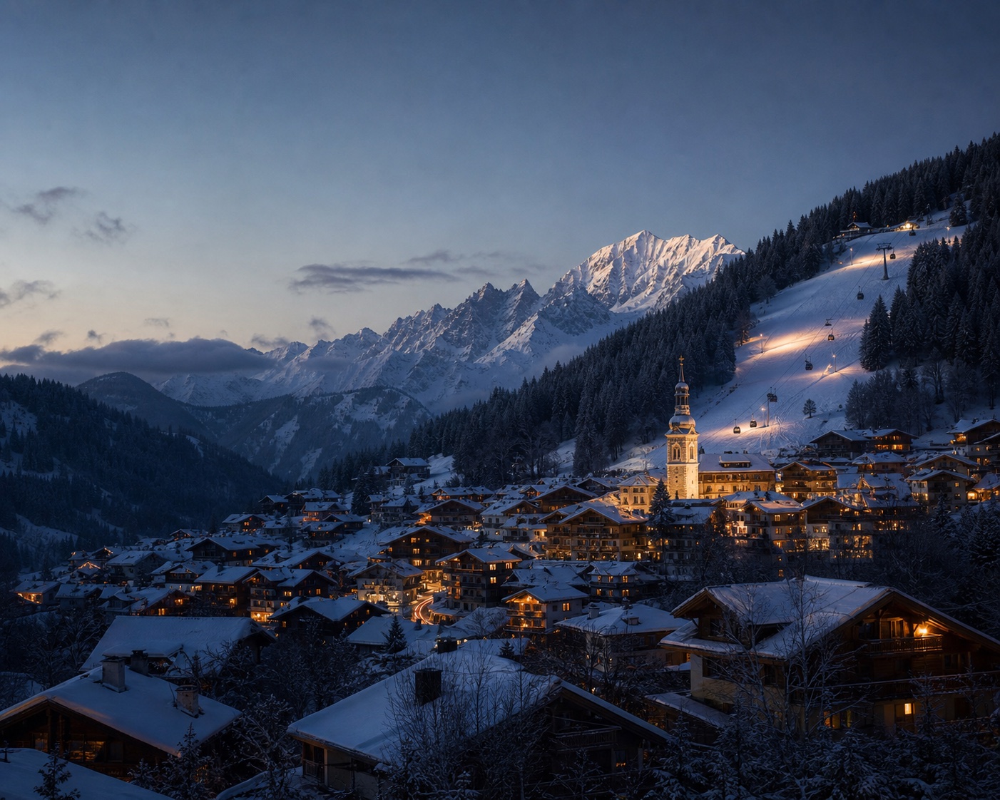Les Gets village and church beneath Mont Chéry's gondola and the Mont Blanc massif