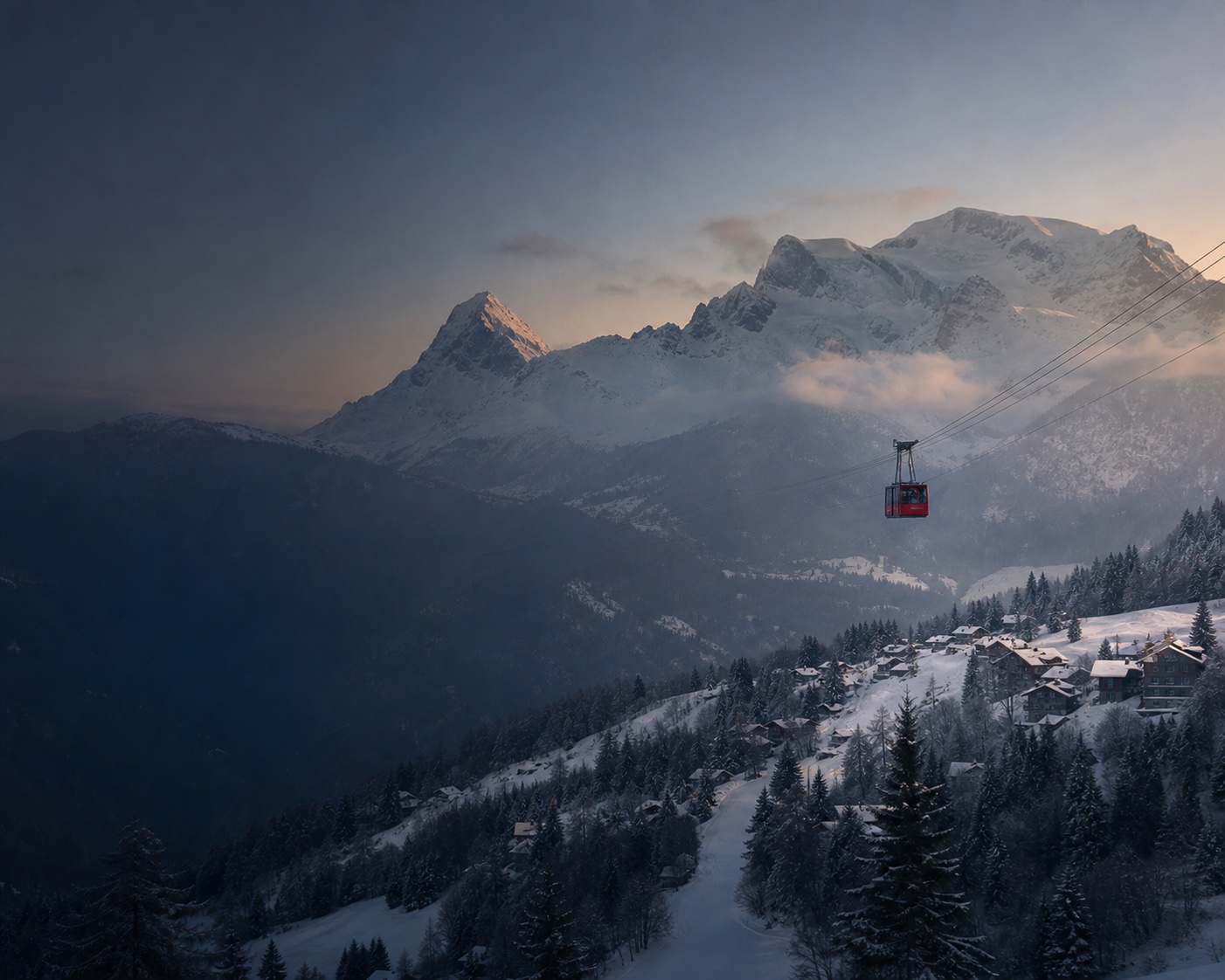 The red Bellevue cable car above Les Houches beneath the Mont Blanc massif