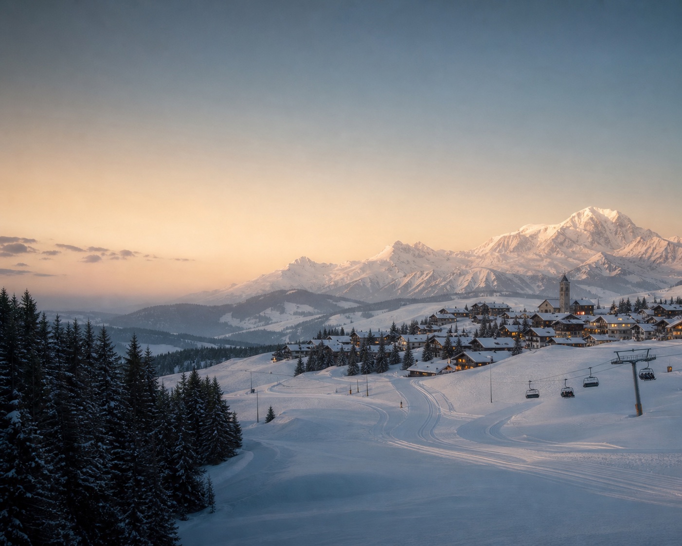 Nordic tracks and ski lifts above Les Saisies with Mont Blanc beyond