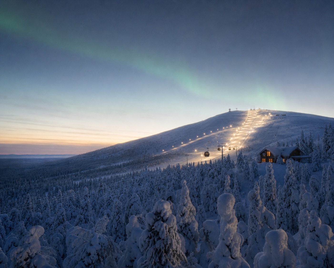 Levi's Gondola2000 and floodlit fell above snow-buried Lapland forest