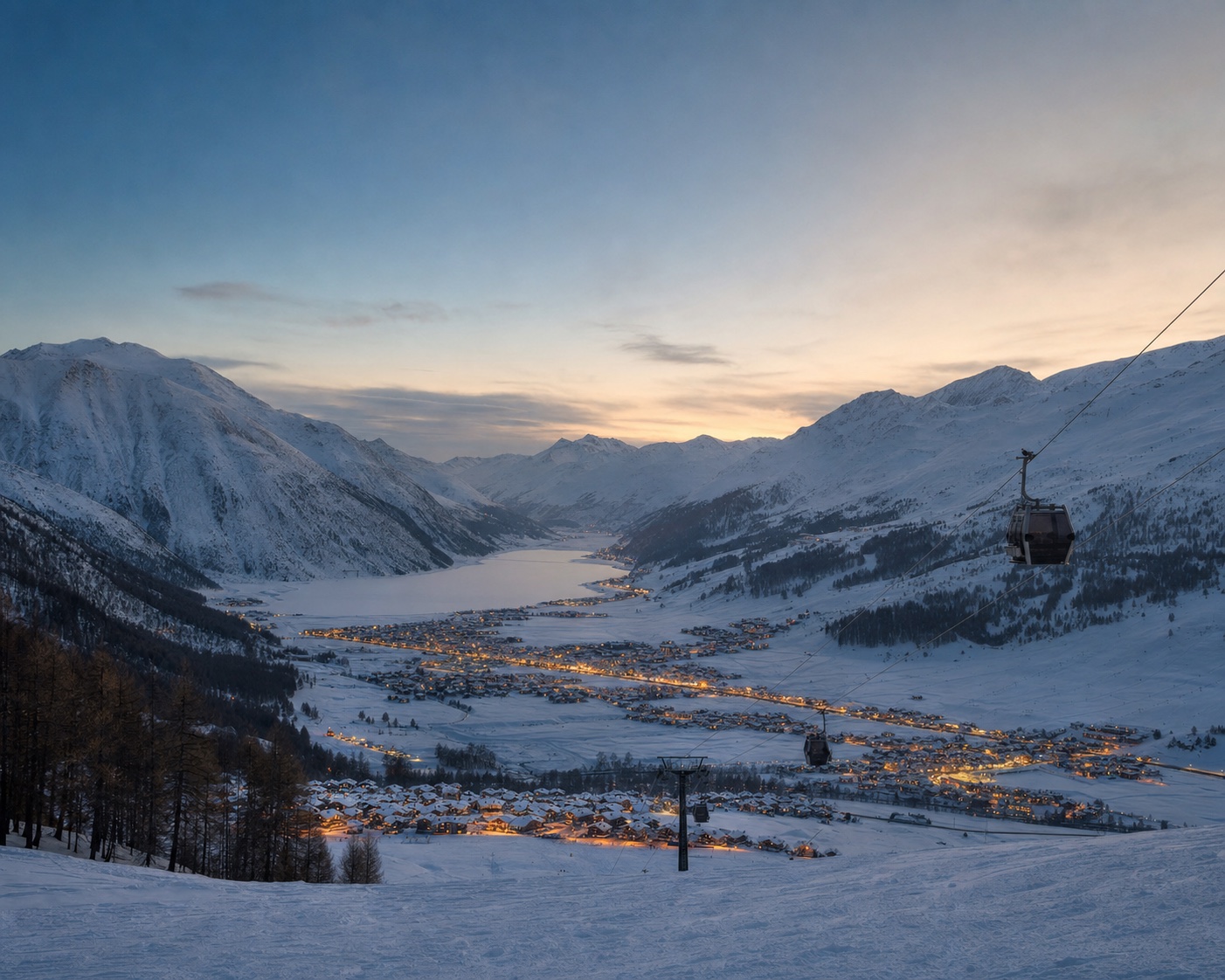 The Carosello gondola above Livigno's long snowy valley and frozen lake