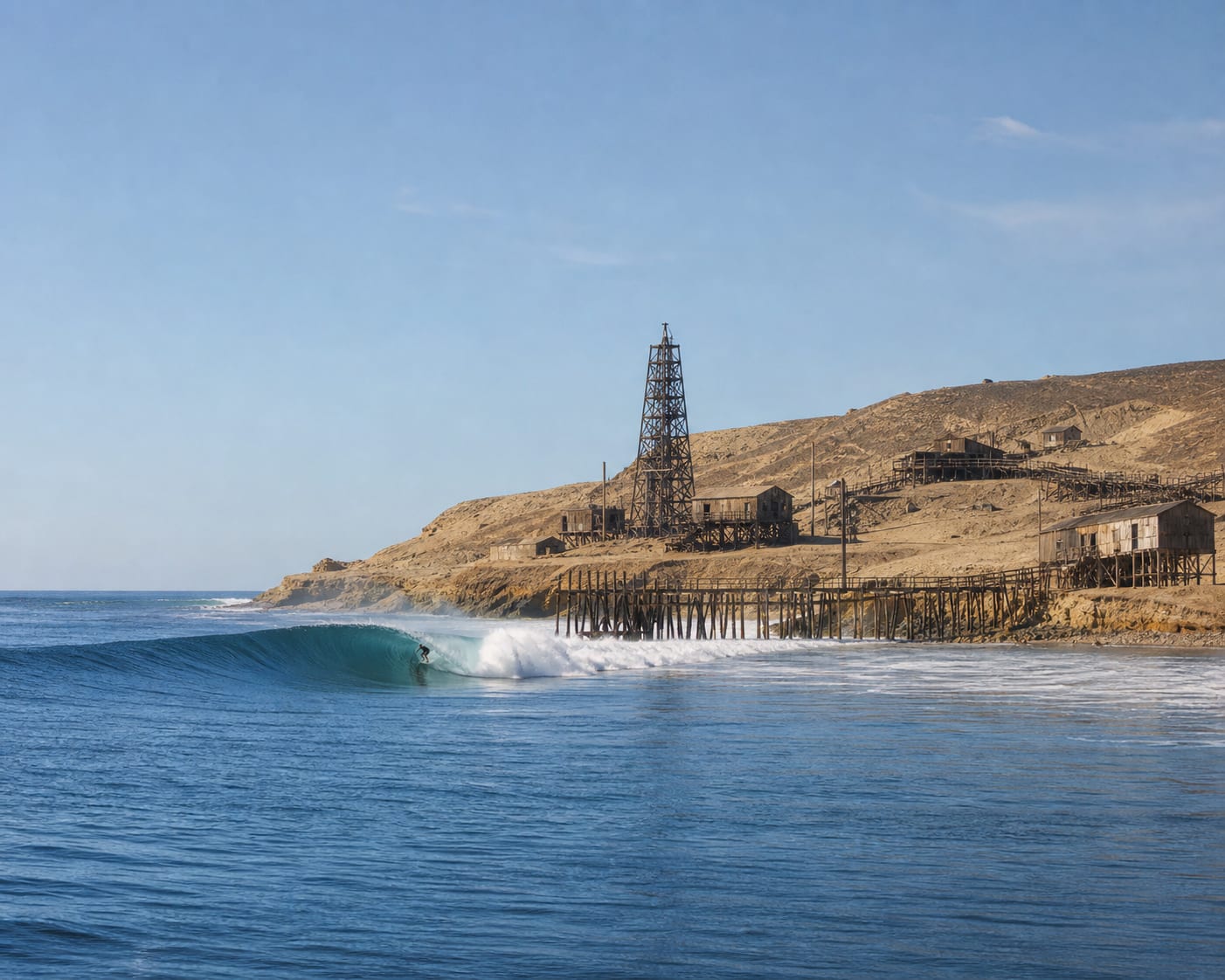 Lobitos left-hand surf peeling past a weathered oil pier on Peru's desert coast