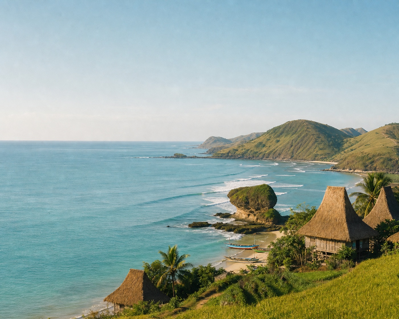 Kuta Lombok surf beneath Mandalika's green hills and Sasak roofs