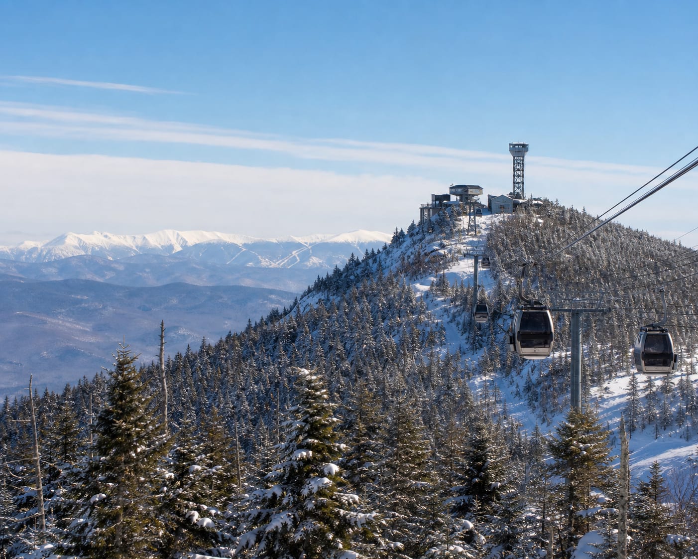 Loon Mountain gondola climbing through snowy forest towards its summit