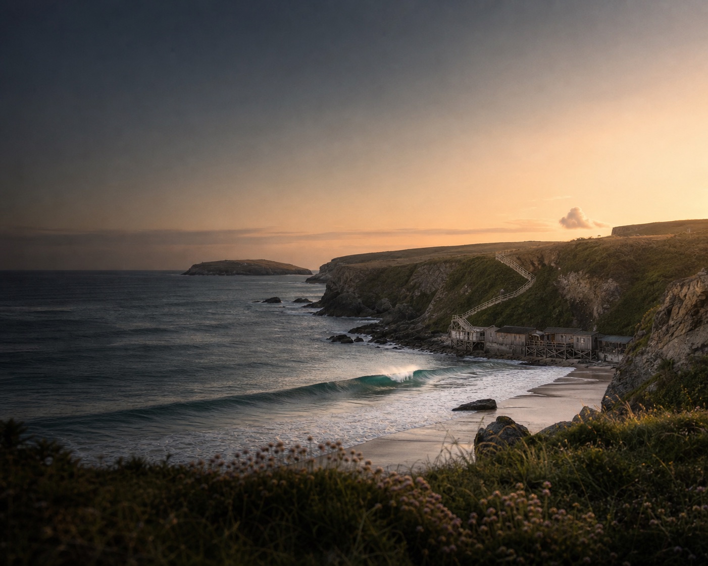 Lusty Glaze surf beneath its steep cliff staircase and timber beach buildings