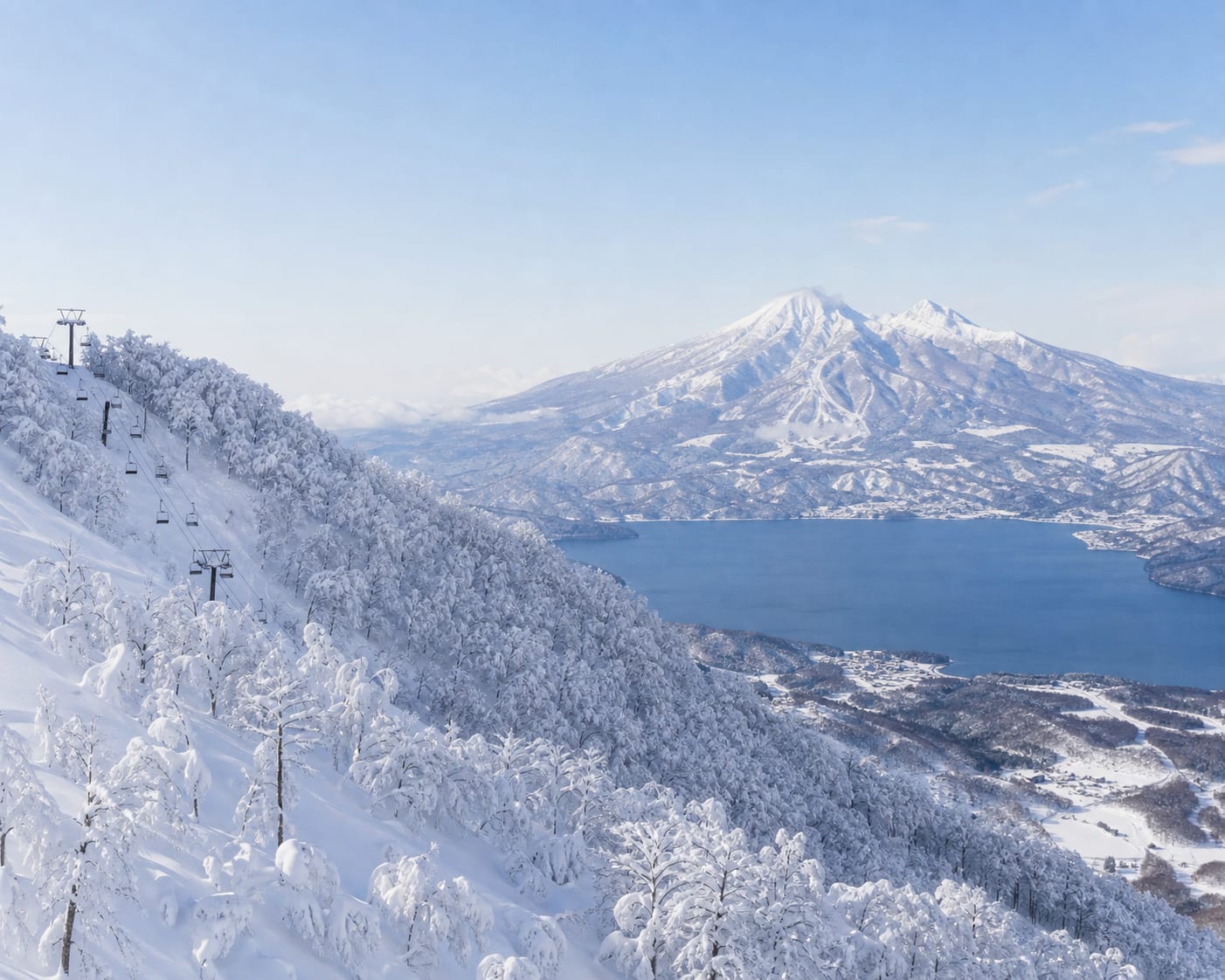Madarao's powder forest above Lake Nojiri and the snowy Mount Myoko