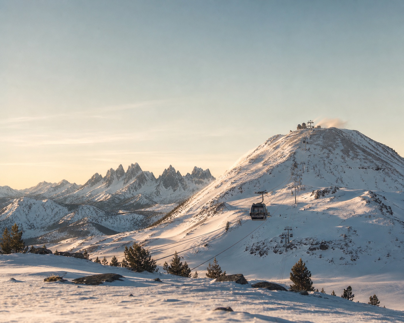 The Panorama Gondola on Mammoth Mountain with the jagged Minarets beyond