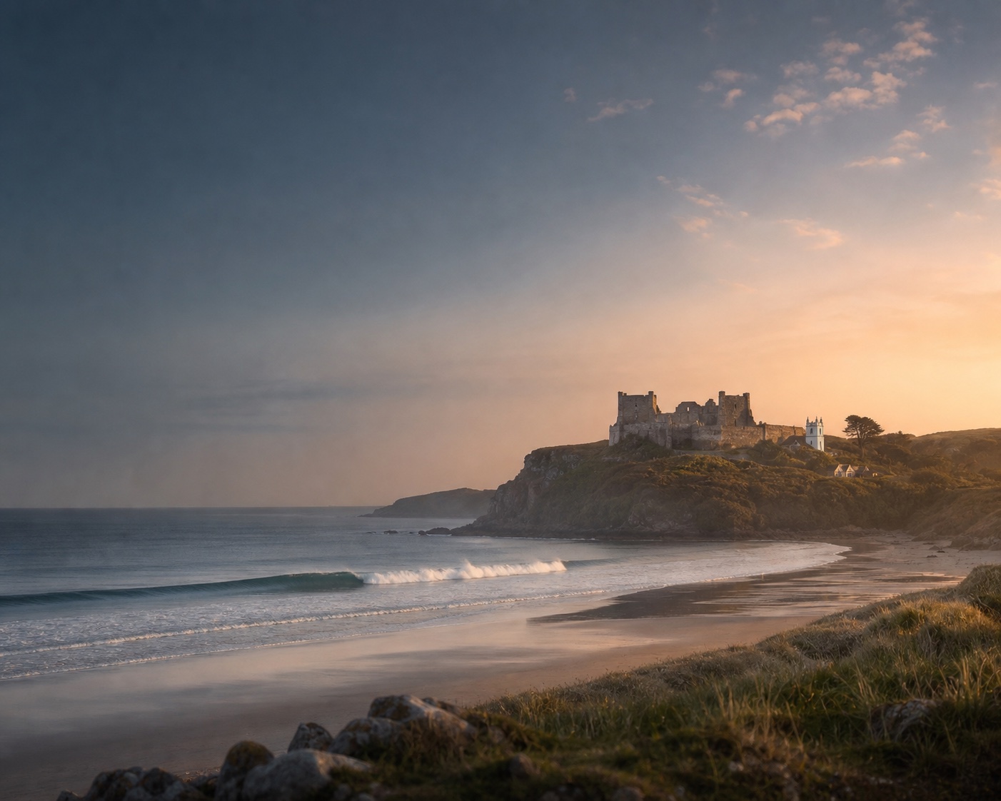 Manorbier surf beneath the Norman castle and whitewashed church tower