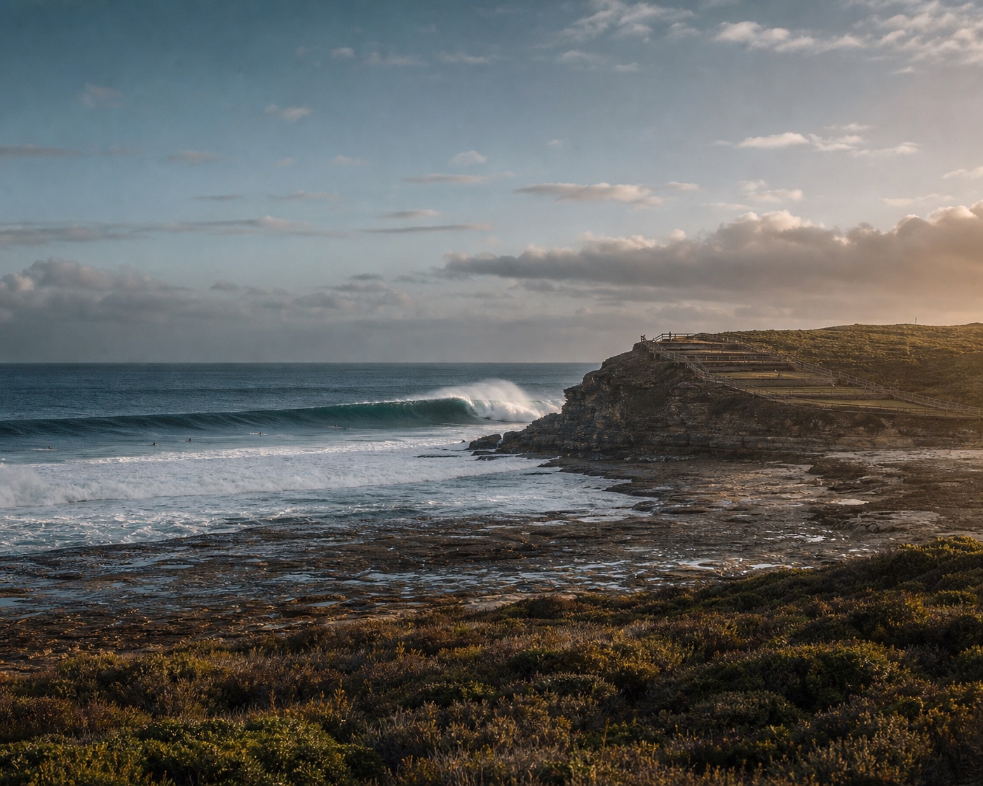 Main Break beside the limestone headland and viewing terraces at Surfers Point
