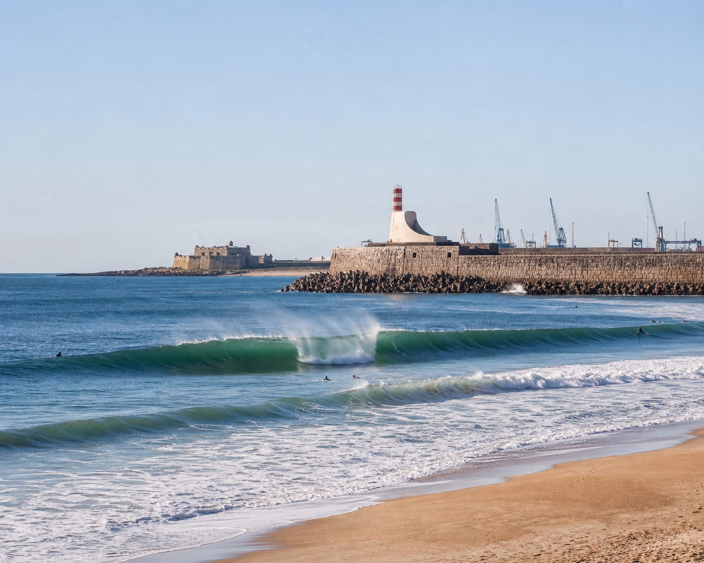 Matosinhos surf beside the Leixões breakwater and harbour beacon
