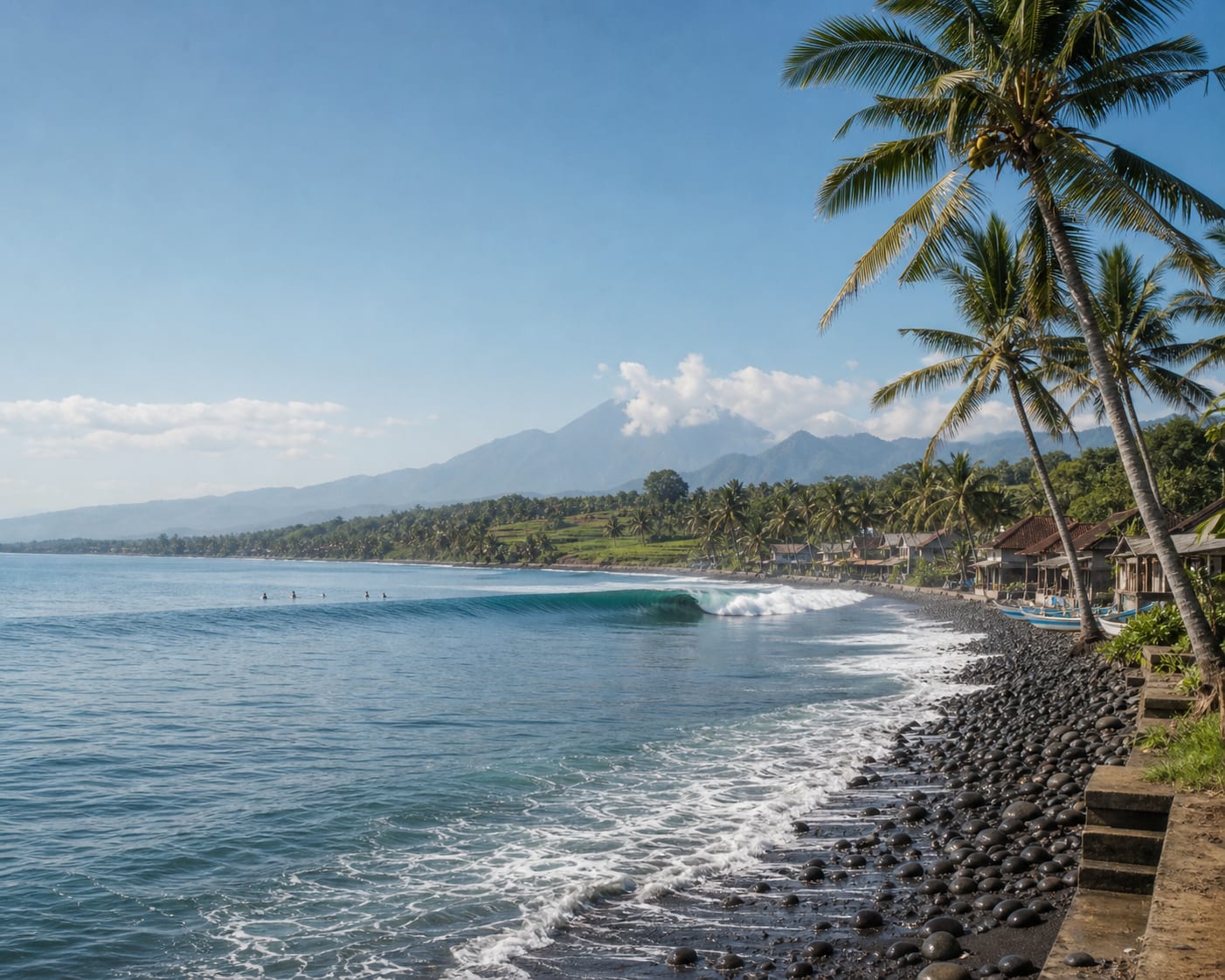 Medewi's long left-hand wave beside a cobblestone shore and Balinese palms