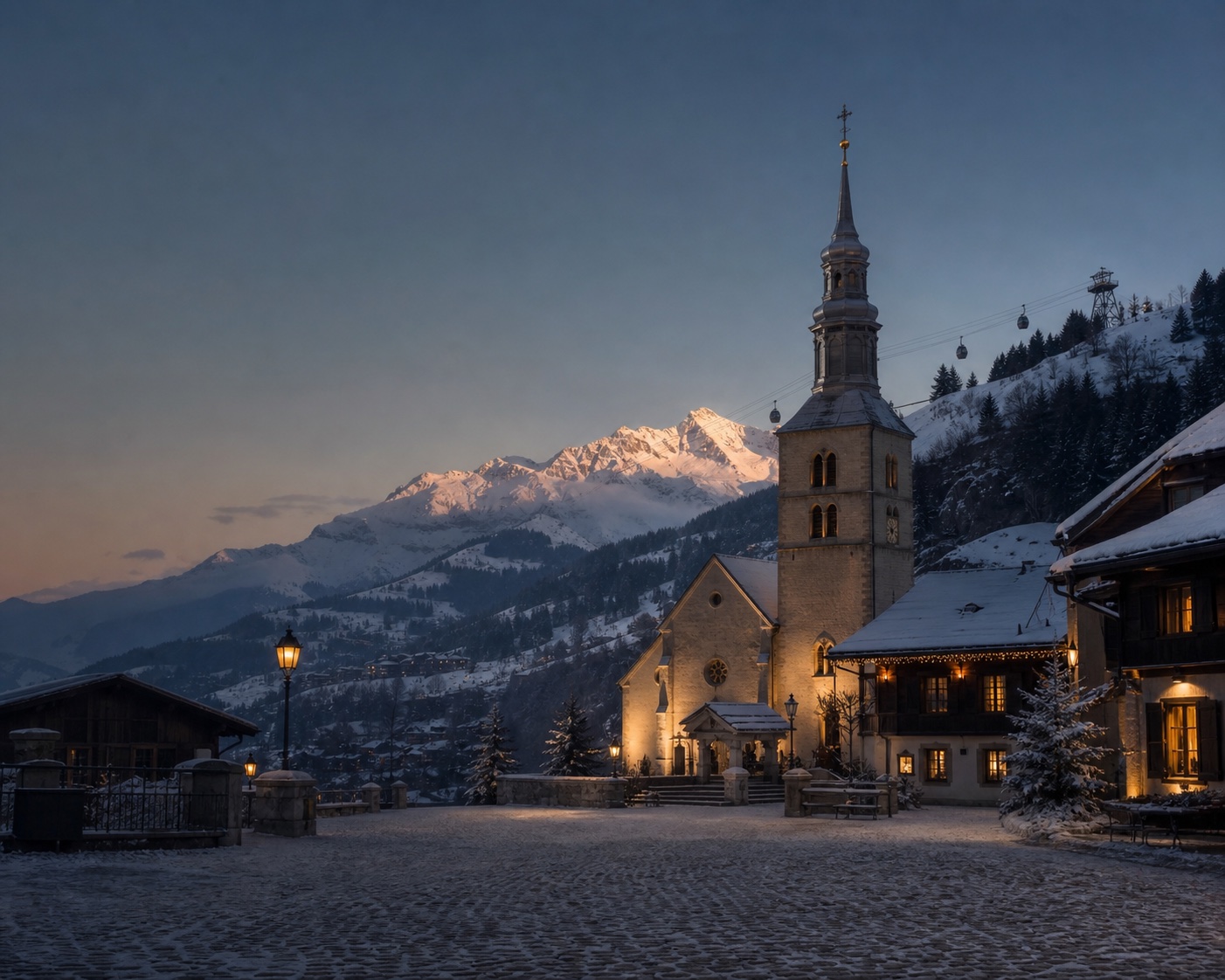 Megève's church square and gondola beneath the snowy Mont Blanc massif