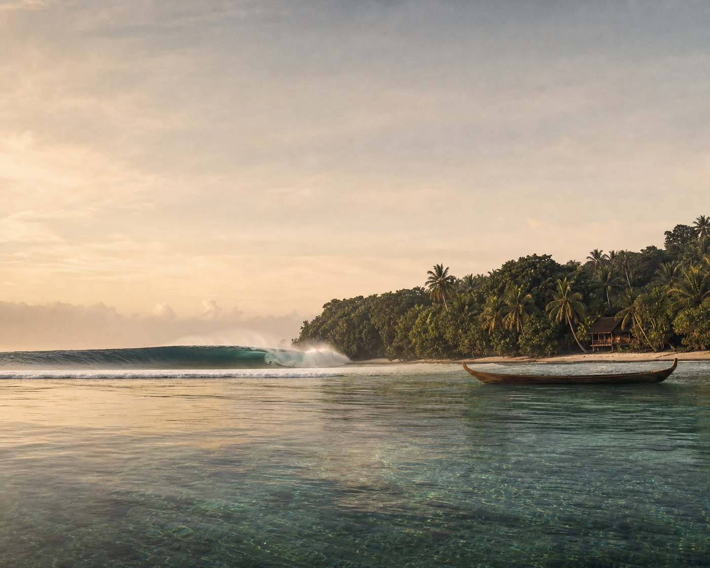 A clear-water Mentawai reef barrel beside a jungle island and traditional boat