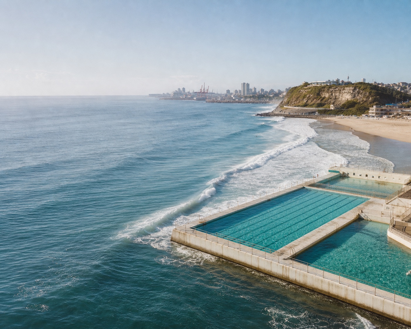 Merewether surf beside its vast ocean baths and Newcastle skyline