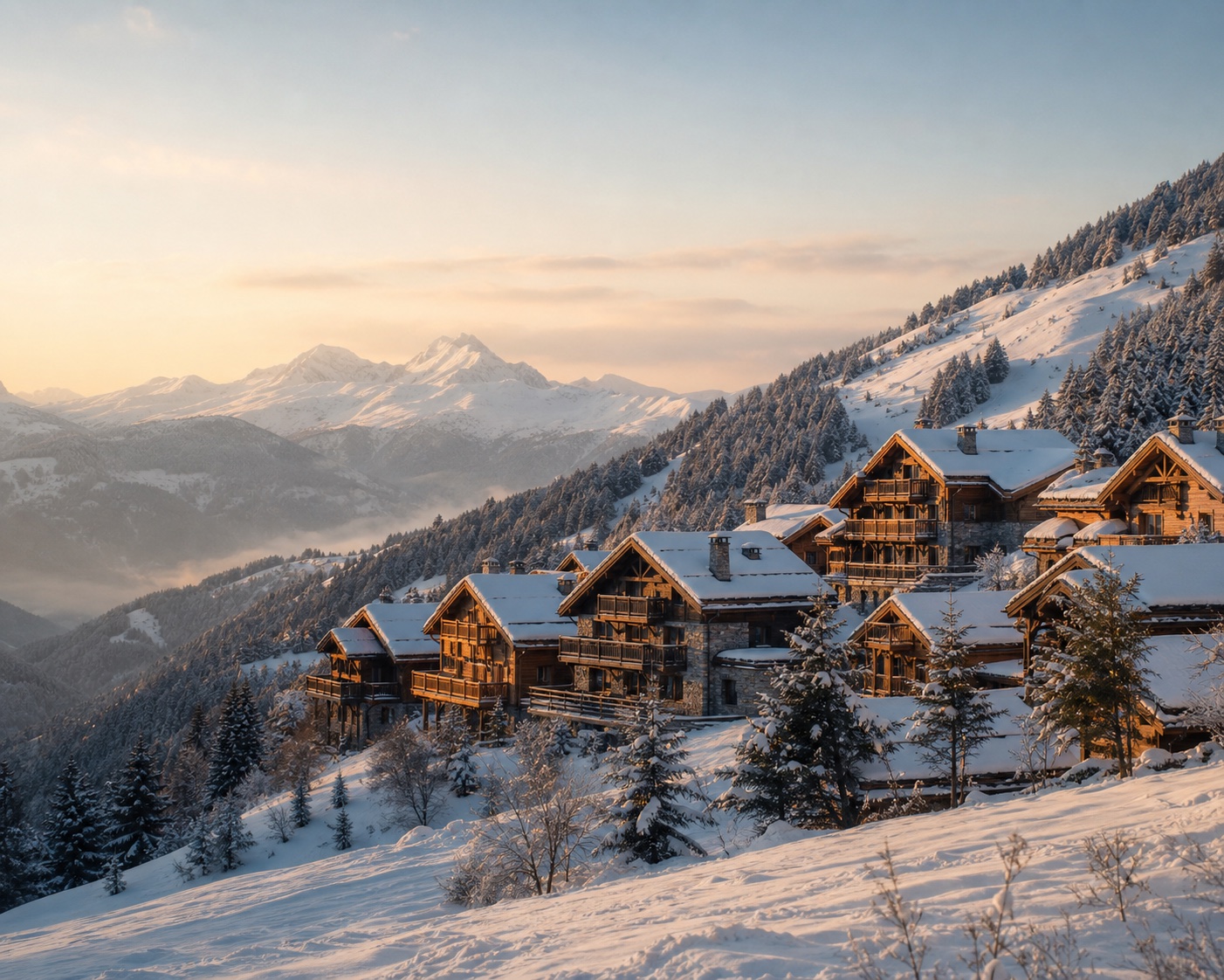 Méribel's stone and timber chalets on a snowy Alpine hillside at golden hour