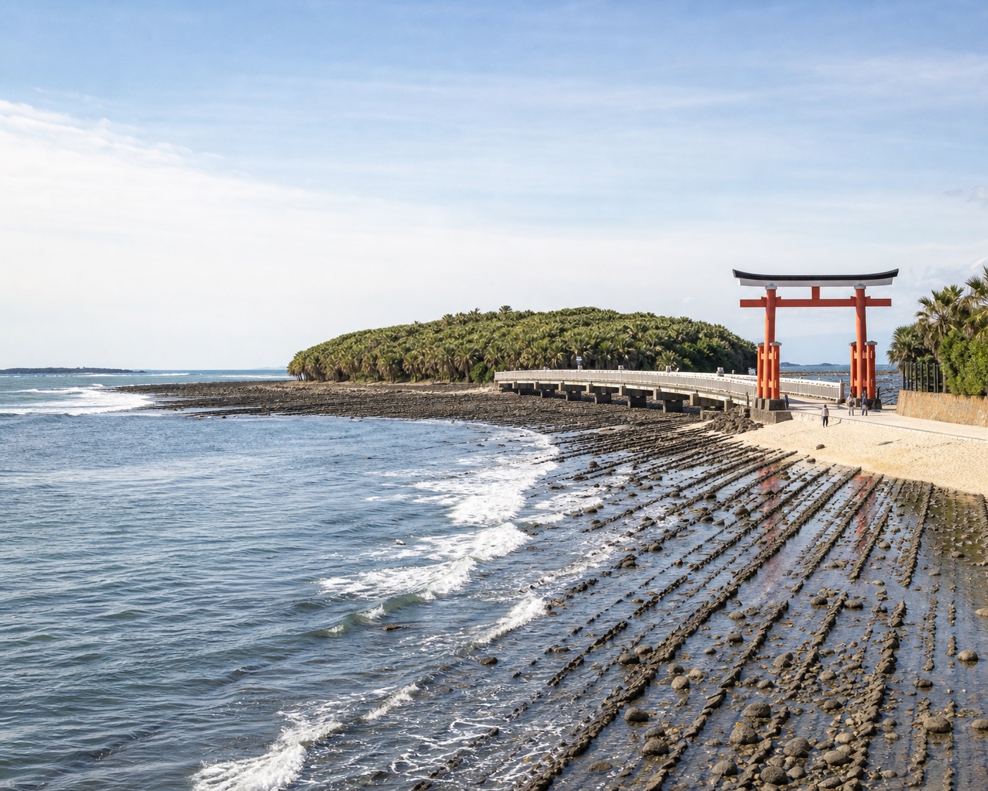 Aoshima Shrine torii beside Miyazaki's Devil's Washboard rock ridges