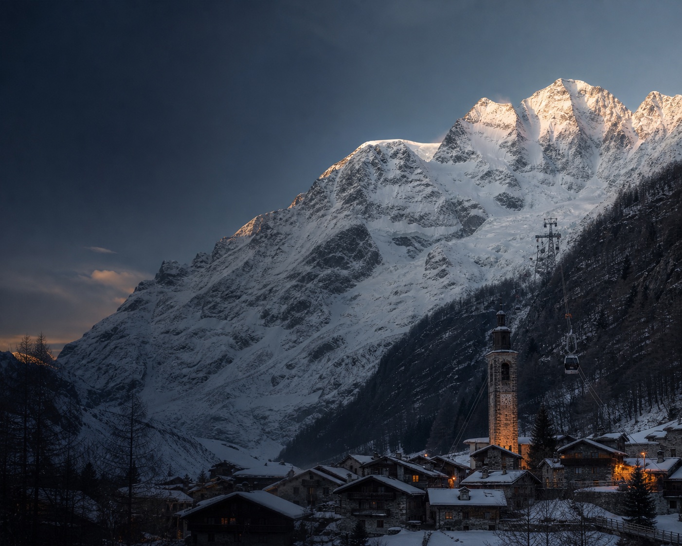 Alagna's Walser village and cable car beneath the Monte Rosa massif