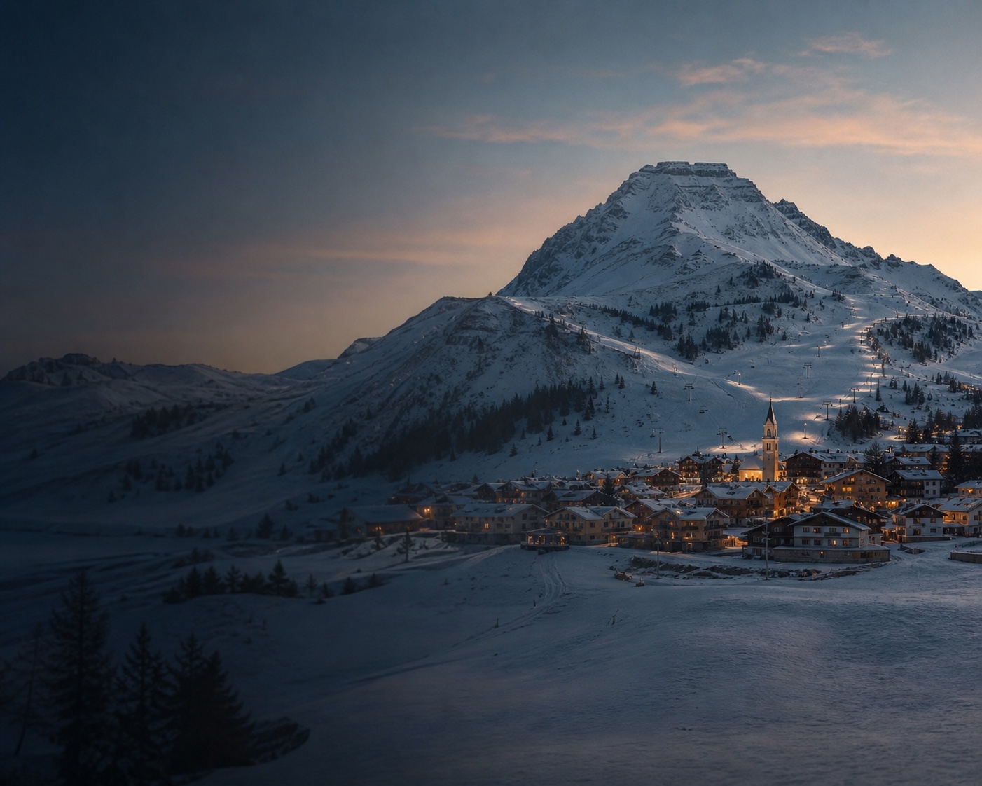 Montgenèvre village and ski lifts beneath the flat summit of Mont Chaberton