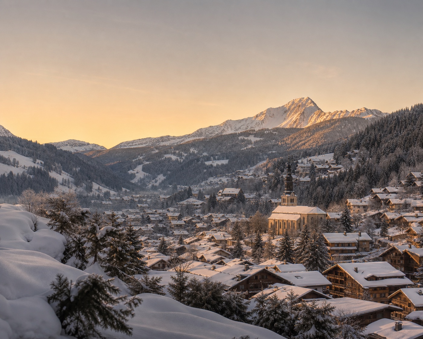 Morzine's slate-roofed village and Sainte-Marie-Madeleine church beneath the Pointe de Nyon