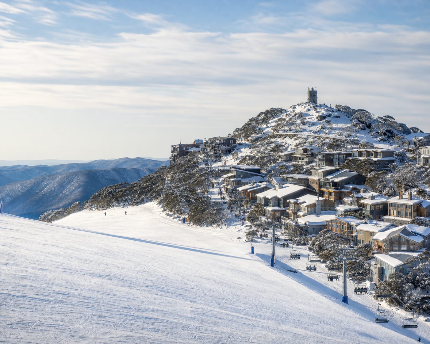 Mount Buller's alpine village and summit fire tower above a snowy piste