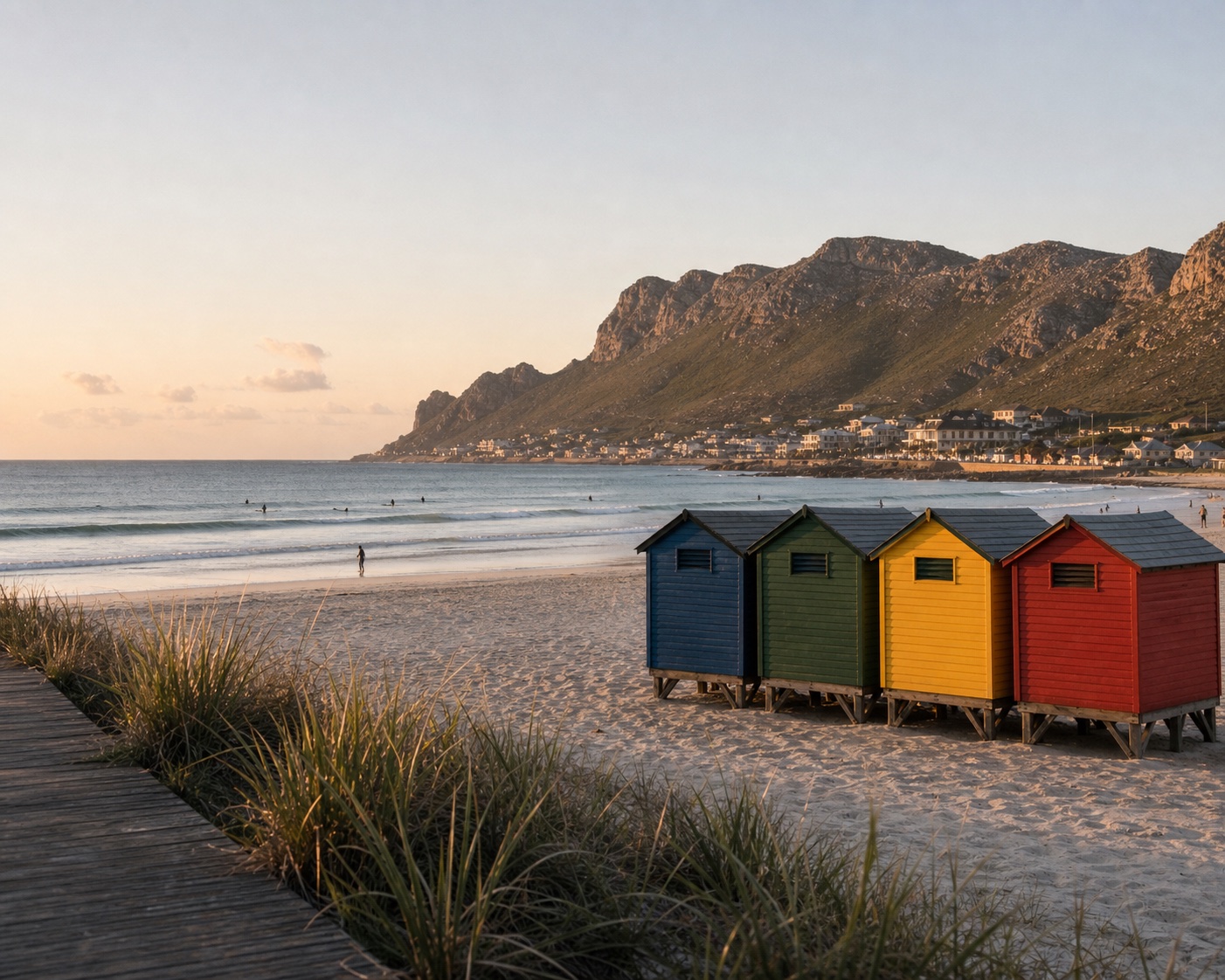 Colourful beach huts on Muizenberg Beach beneath the False Bay mountains