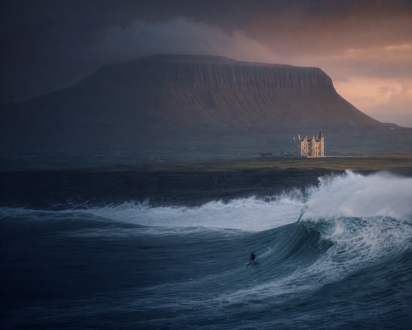 Mullaghmore swell beneath Classiebawn Castle and Ben Bulben