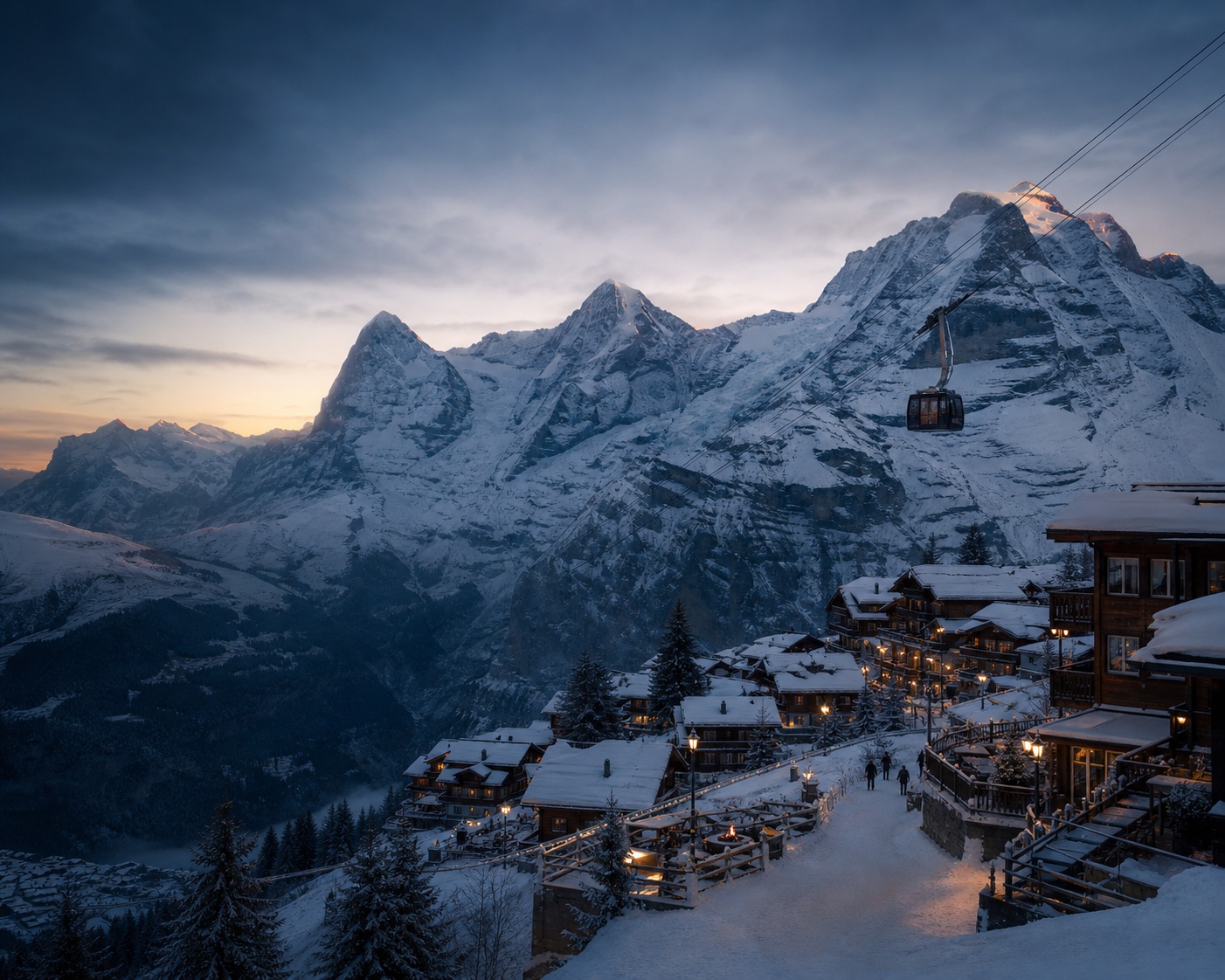 Mürren's snowy chalet village beneath the Eiger, Mönch and Jungfrau