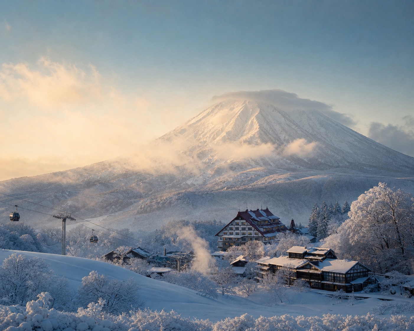 Mount Myoko above Akakura Onsen, its gondola and deep Hokkaido snow