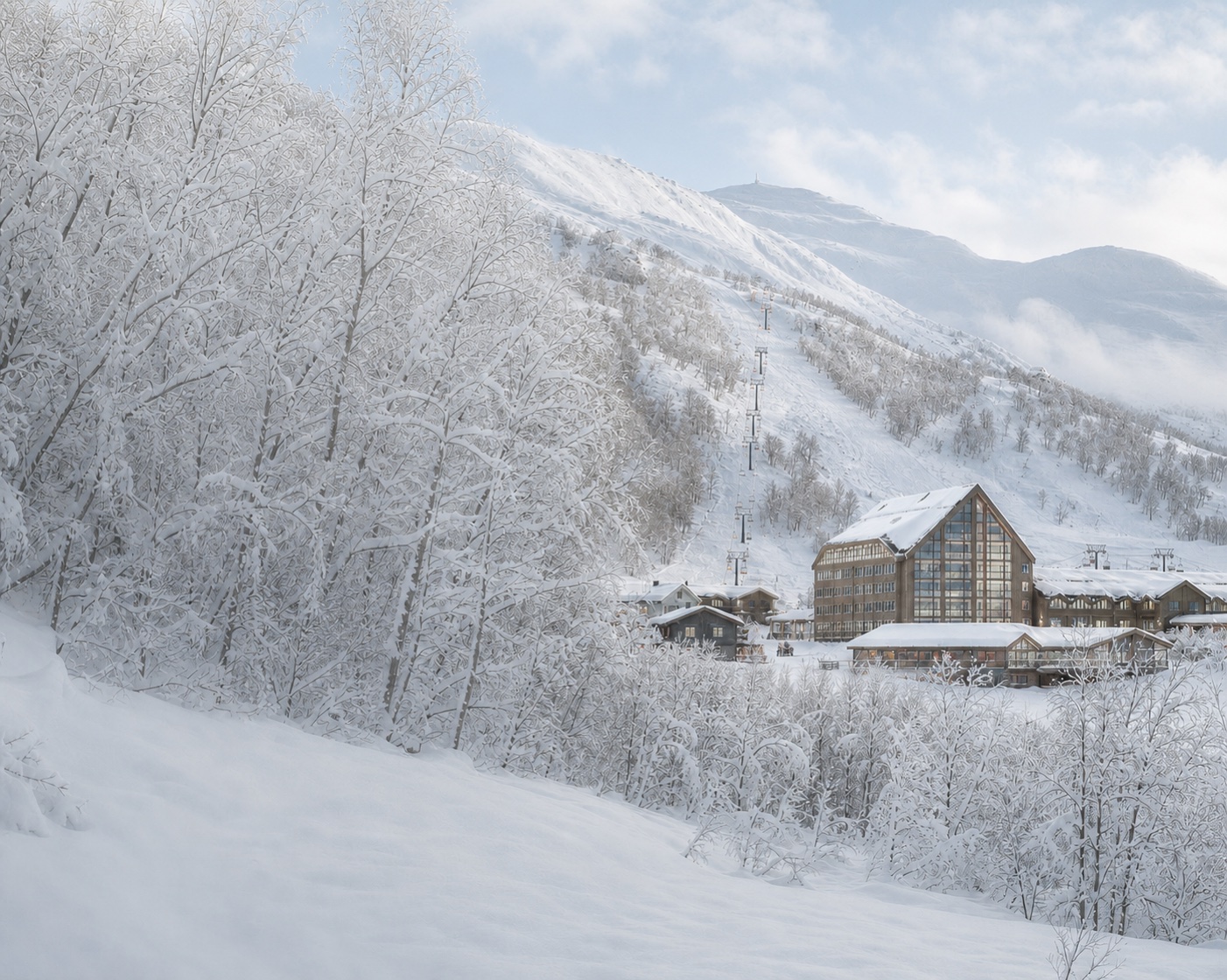 Myrkdalen Hotel and snow-laden slopes beneath Finnbunuten